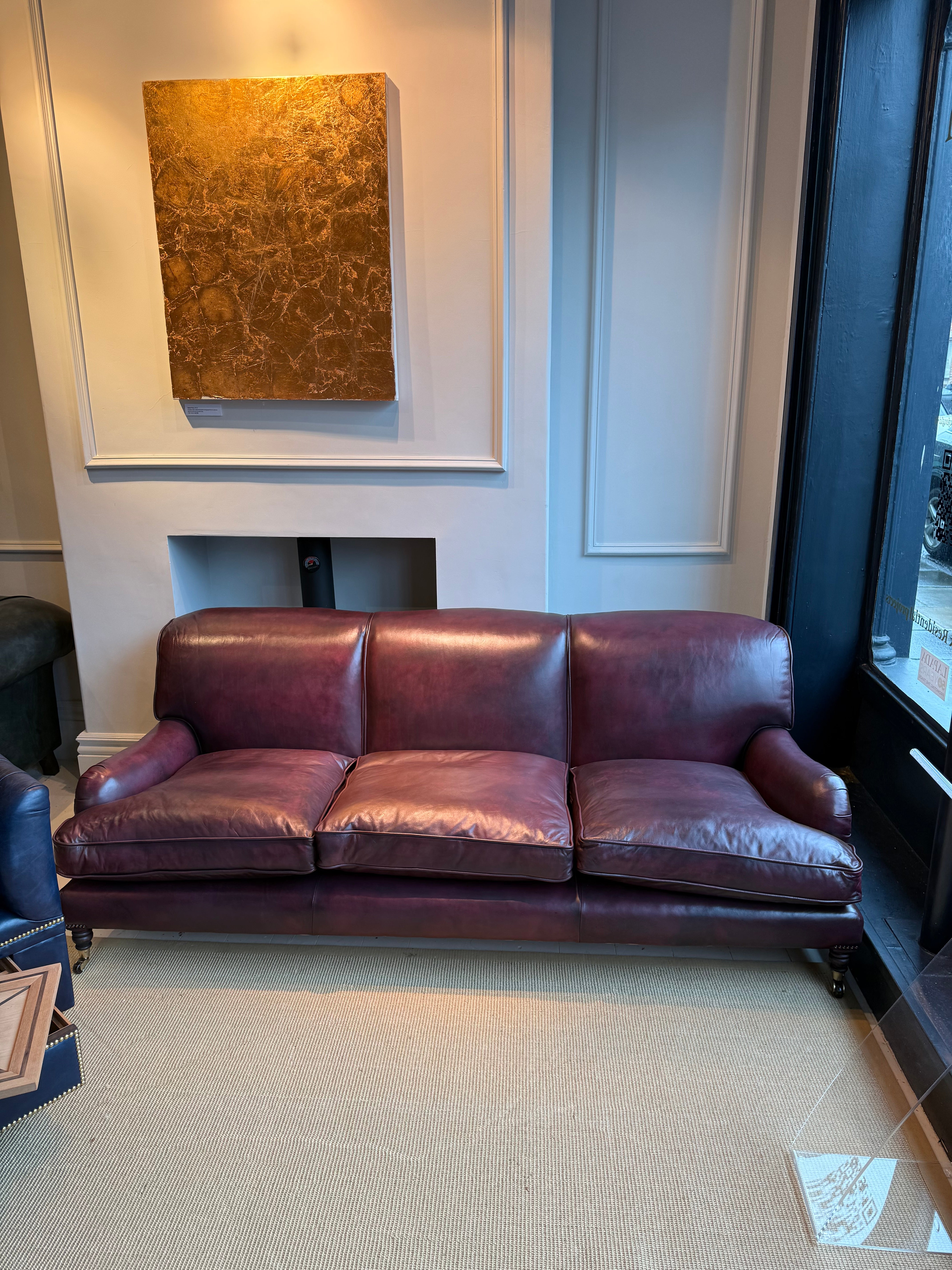 Matching Pair of our Grenville Sofas in Hand Dyed Deep Orchid Leathers