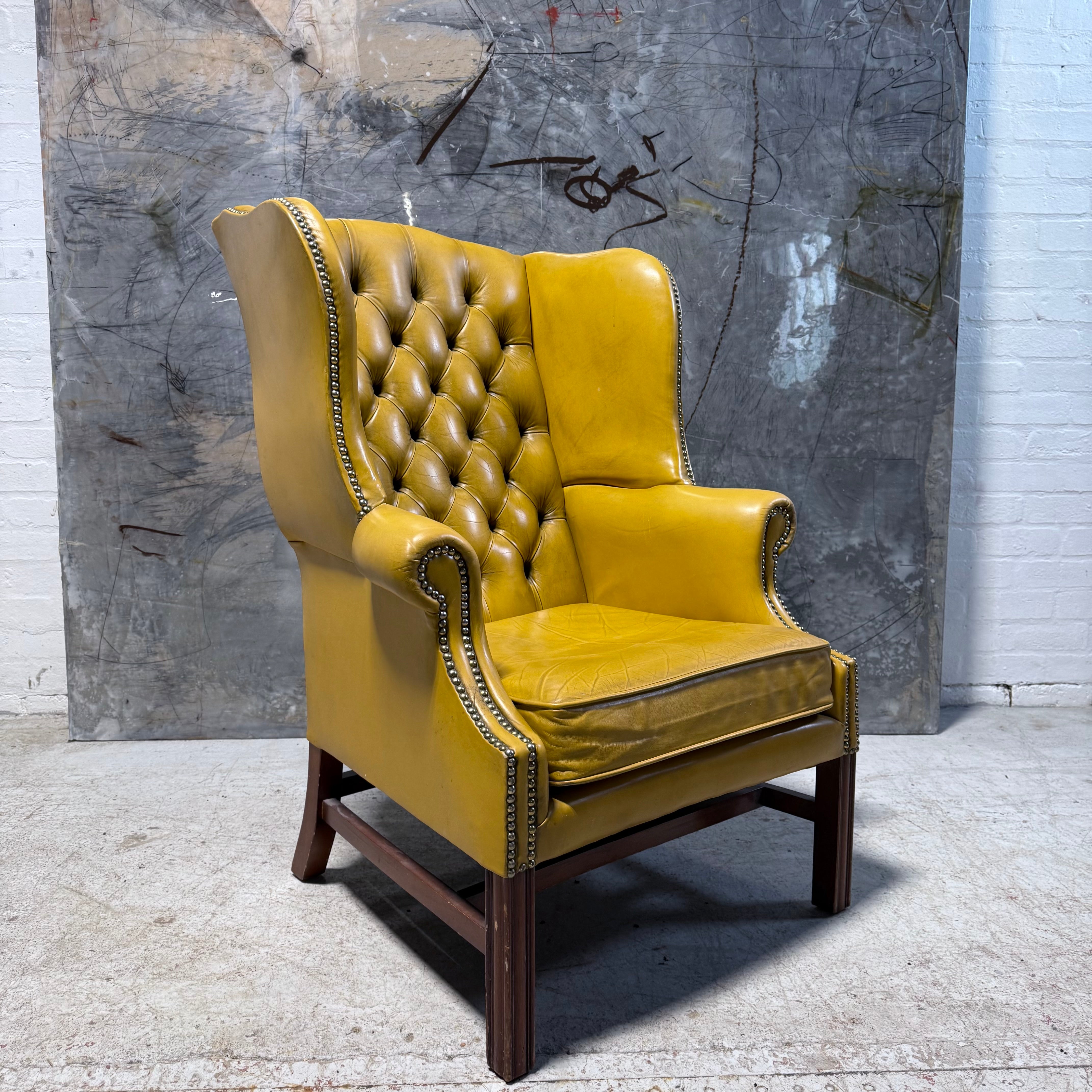 Vintage Leather Chesterfield Wing Chair in Soft Lemon