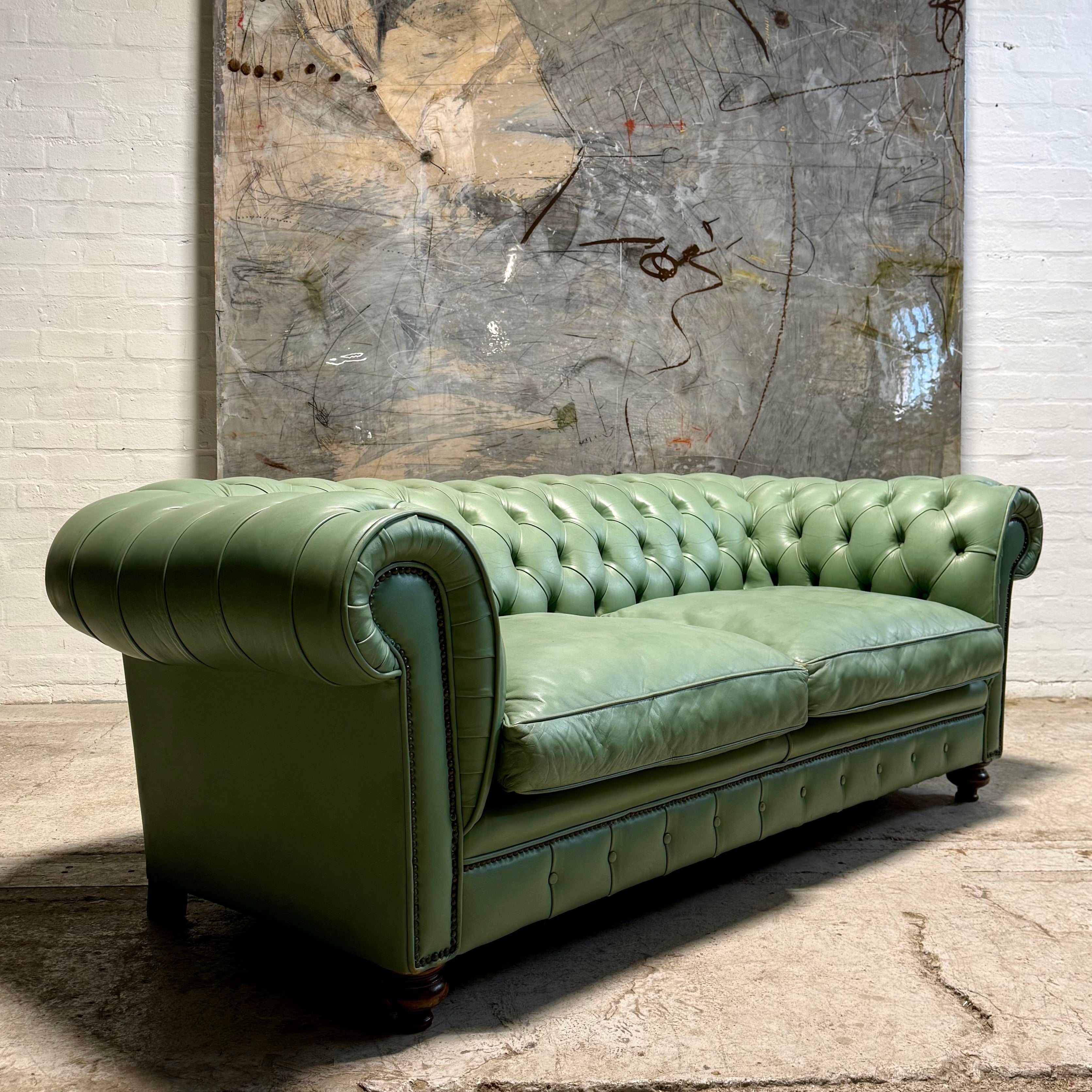 Restored 19thC Antique Leather Chesterfield Sofa in Pistachio Green
