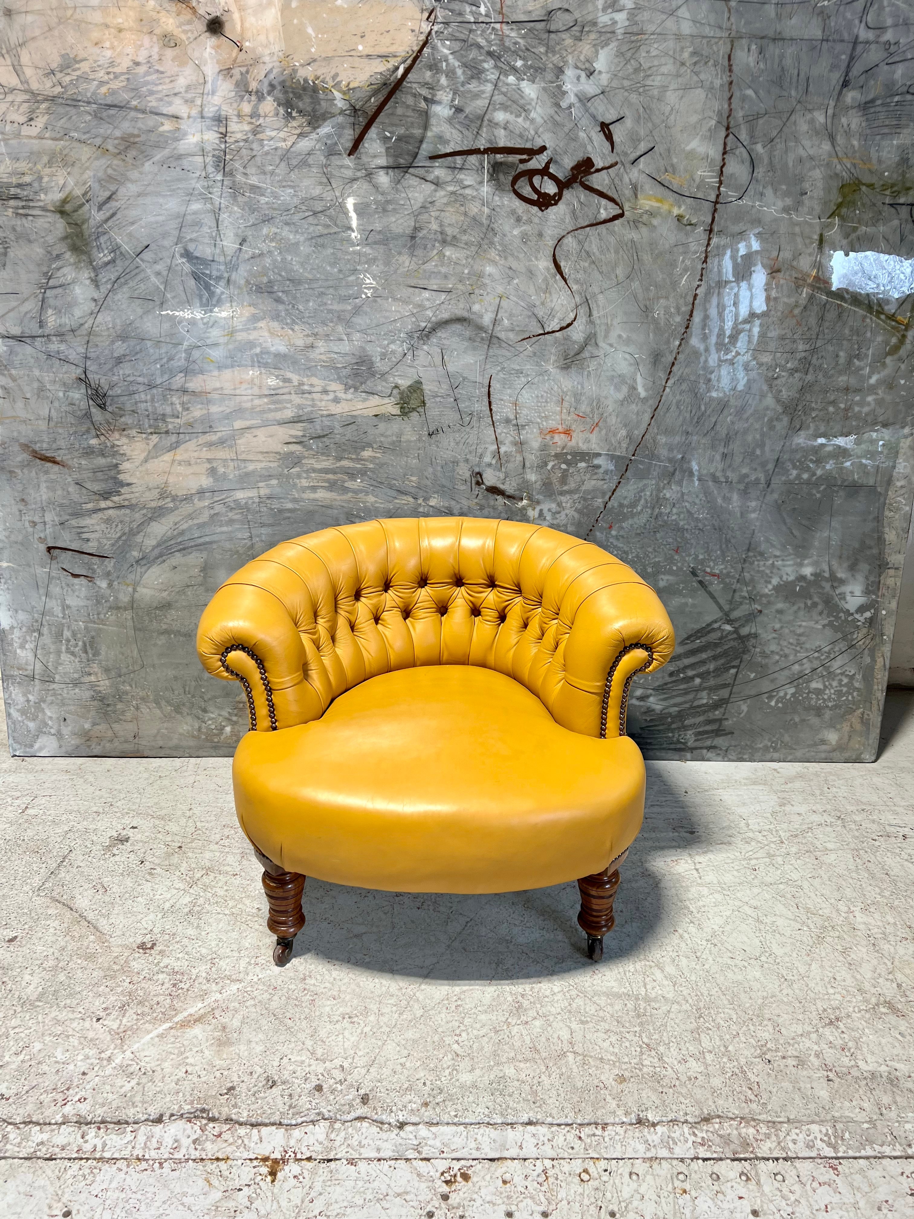 A Very Neat Antique 19thC Tub Side Chair in Yellow Leathers