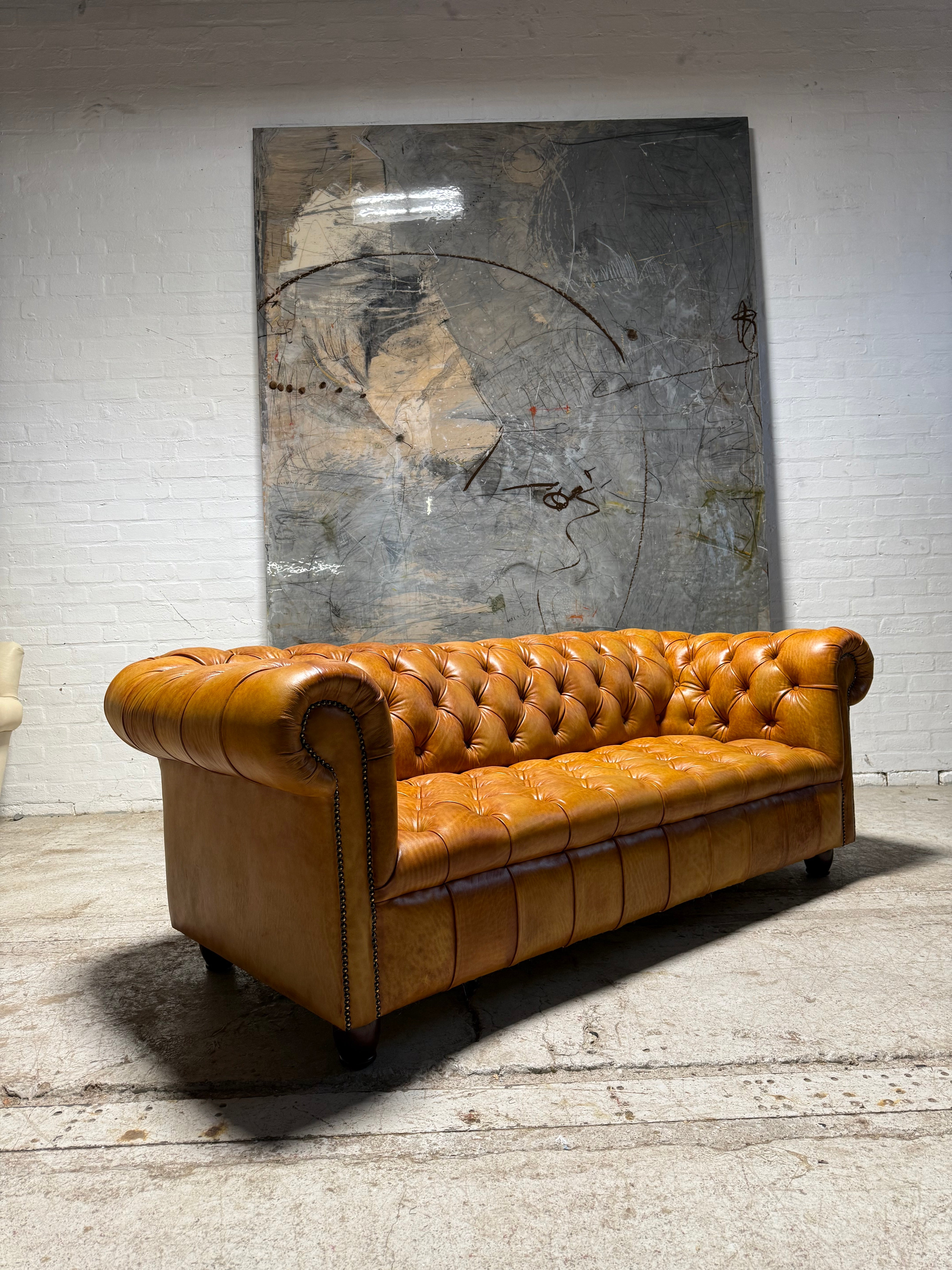 Fully Restored Late 20thc Chesterfield 3 Piece Suite In Hand Dyed Honey Tan Leather