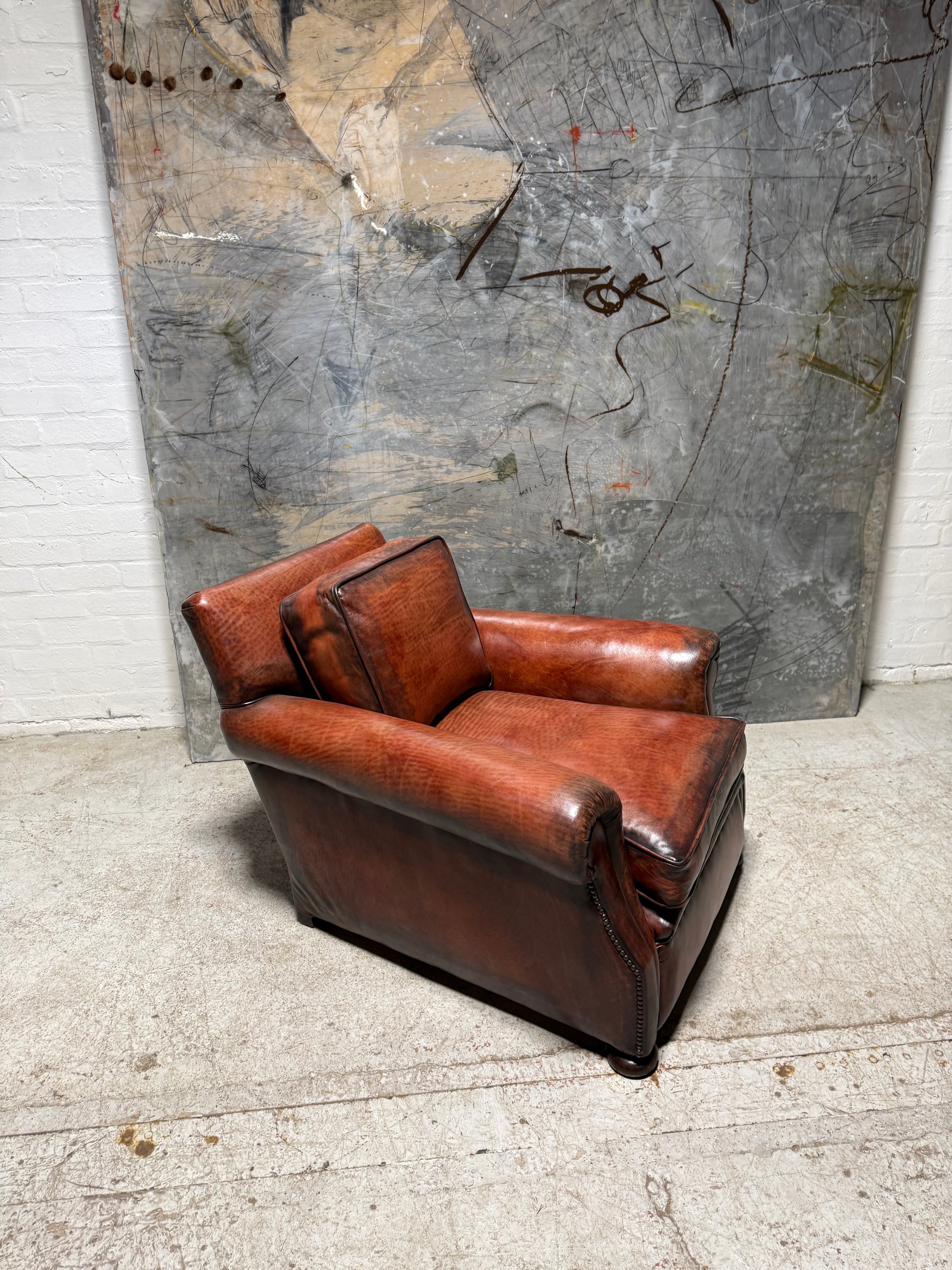 Matching Pair of Antique Leather Armchairs in Hand Dyed Leather circa 1910