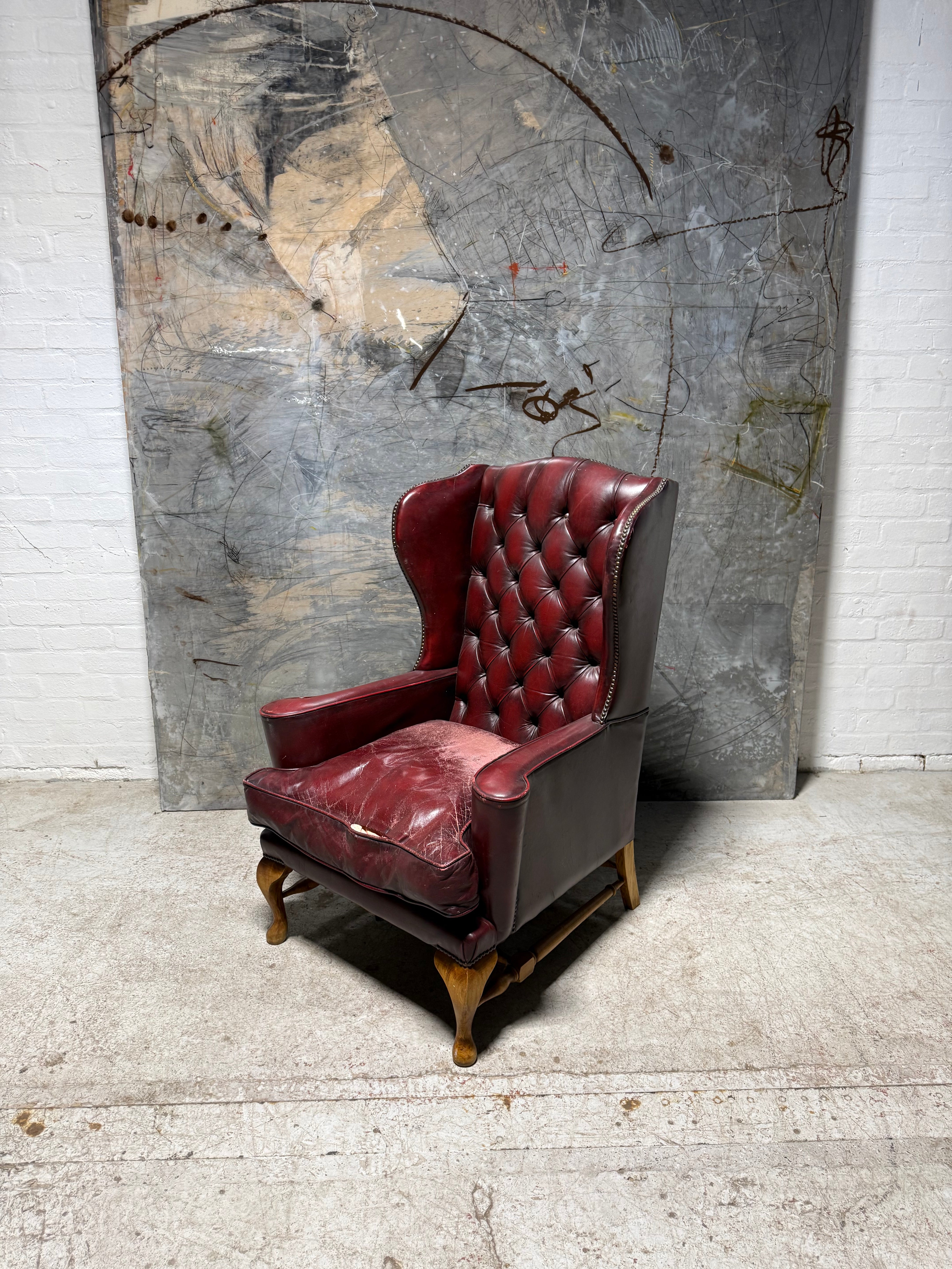 Beautiful Gentleman’s Leather Wing Back Armchair With Turned “H” Frame
