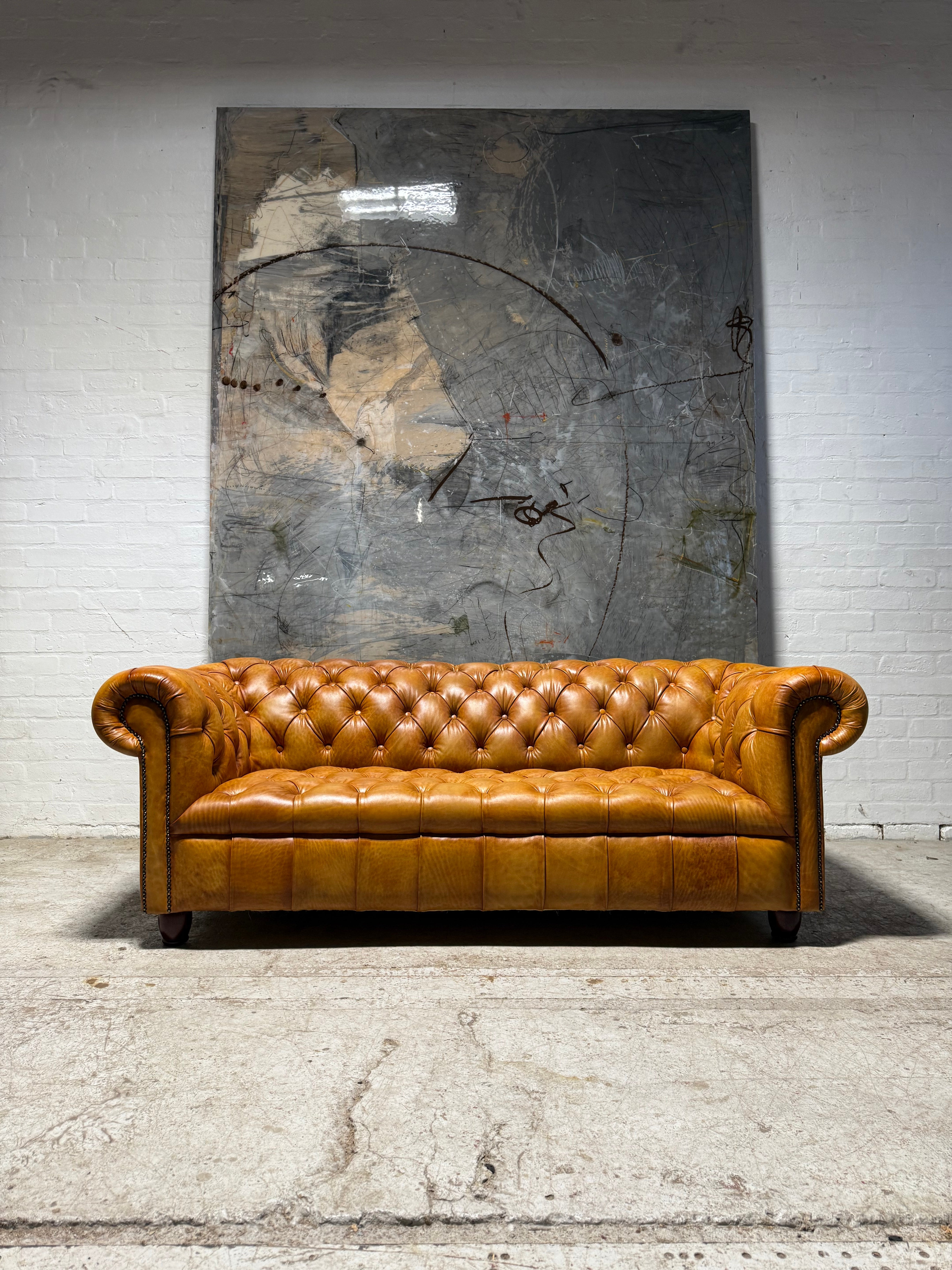 Fully Restored Late 20thc Chesterfield 3 Piece Suite In Hand Dyed Honey Tan Leather