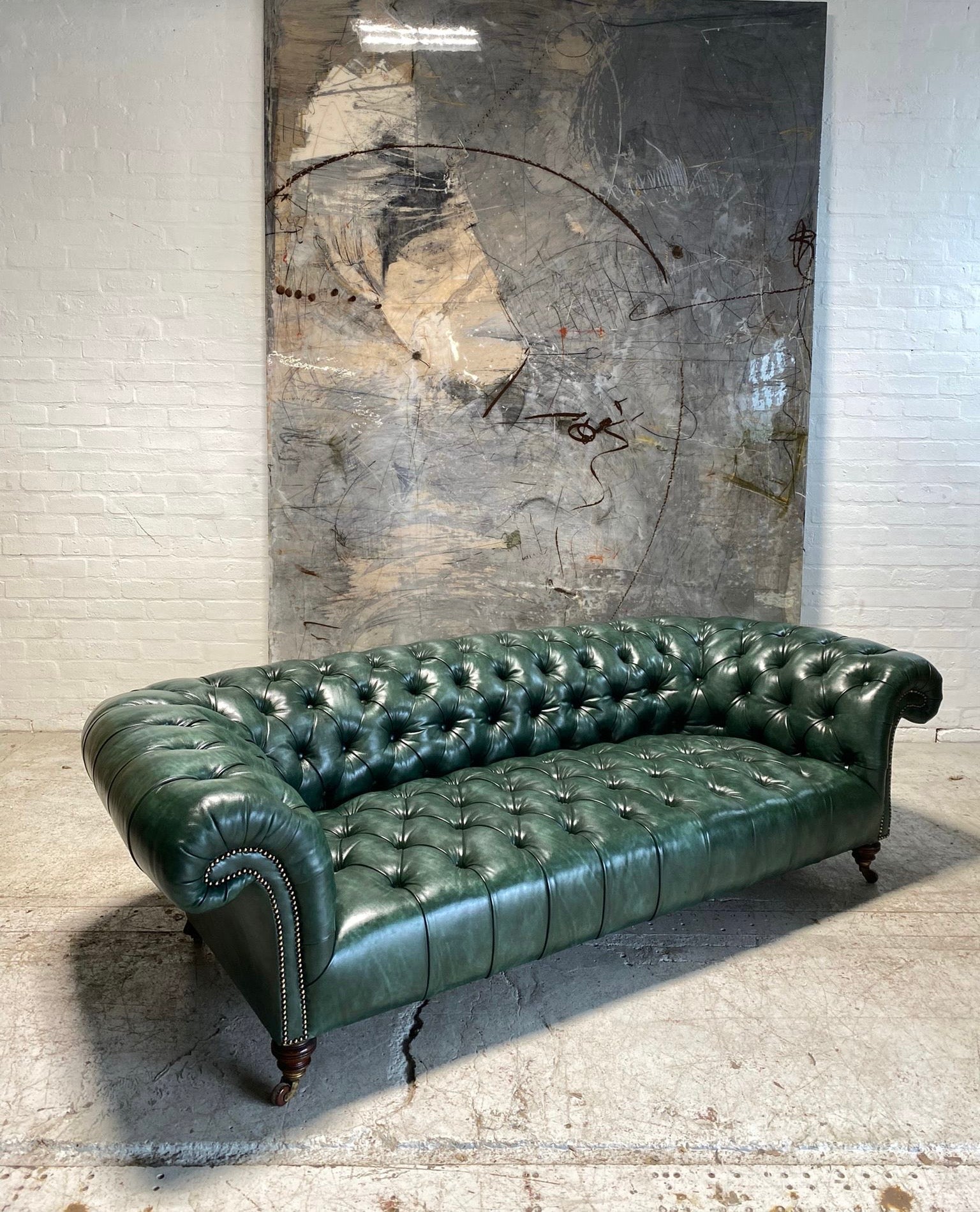 Antique Leather Howard & Son's Chesterfield Sofa - Hand Dyed in our Wimbledon Green