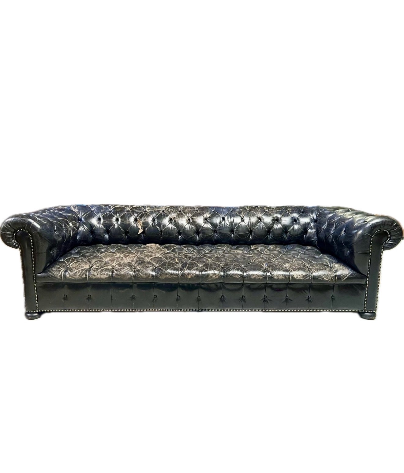 HUGE 270cm Black Leather Chesterfield Sofa Circa 1910-1920