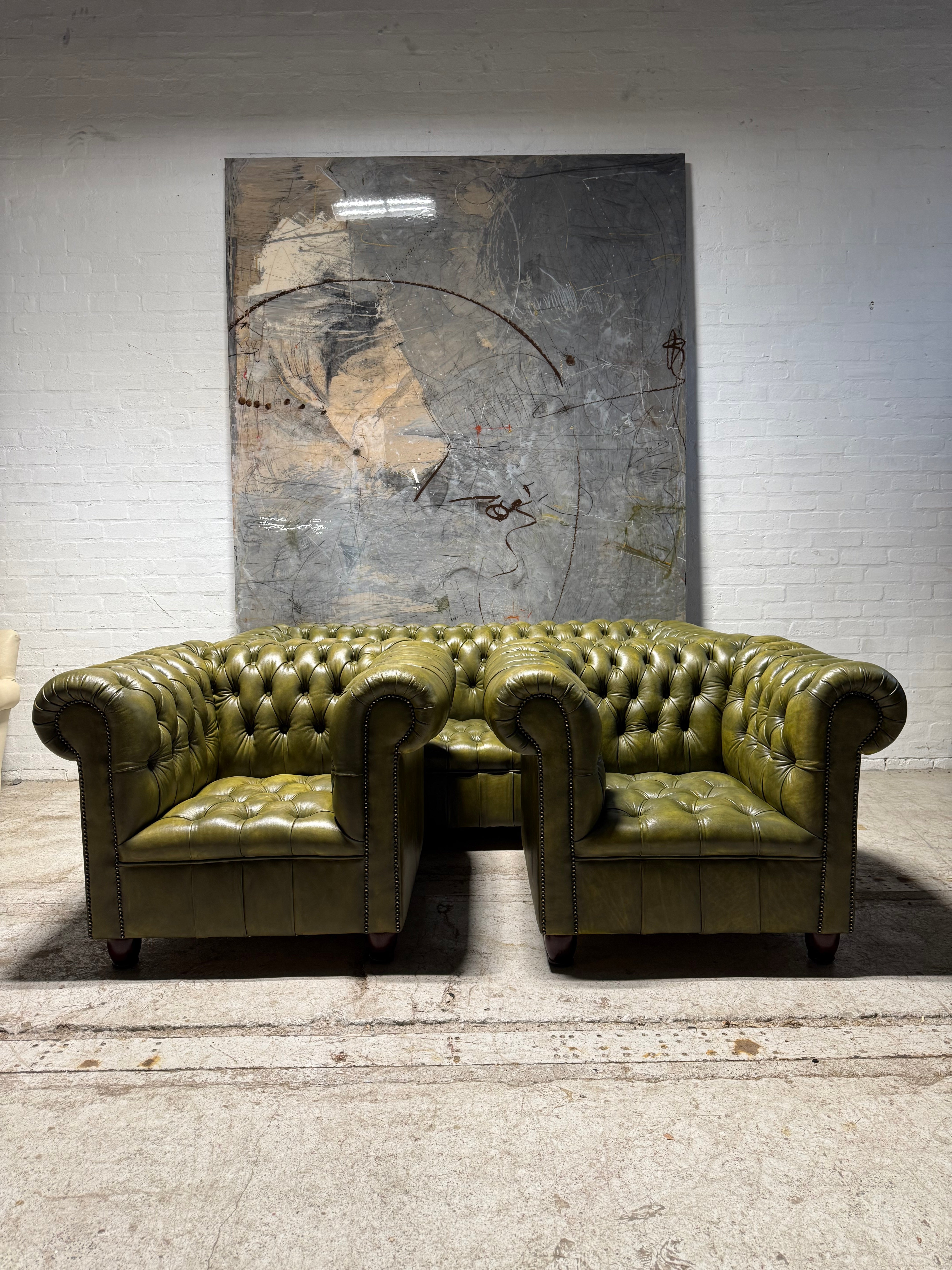 Fully Restored Late 20thc Leather Chesterfield 3 Piece Suite In Hand Dyed Olive Green