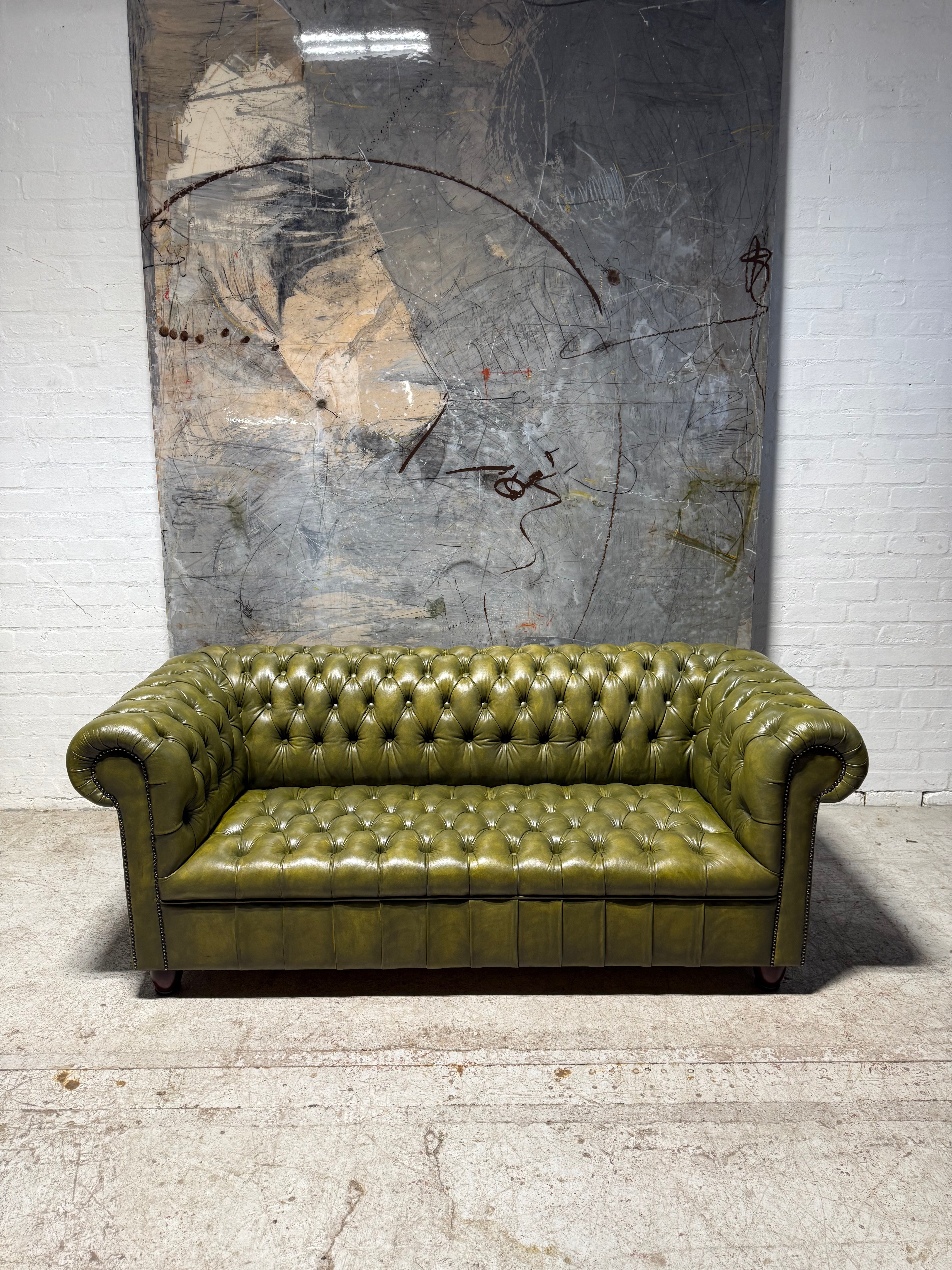 Fully Restored Late 20thc Leather Chesterfield 3 Piece Suite In Hand Dyed Olive Green