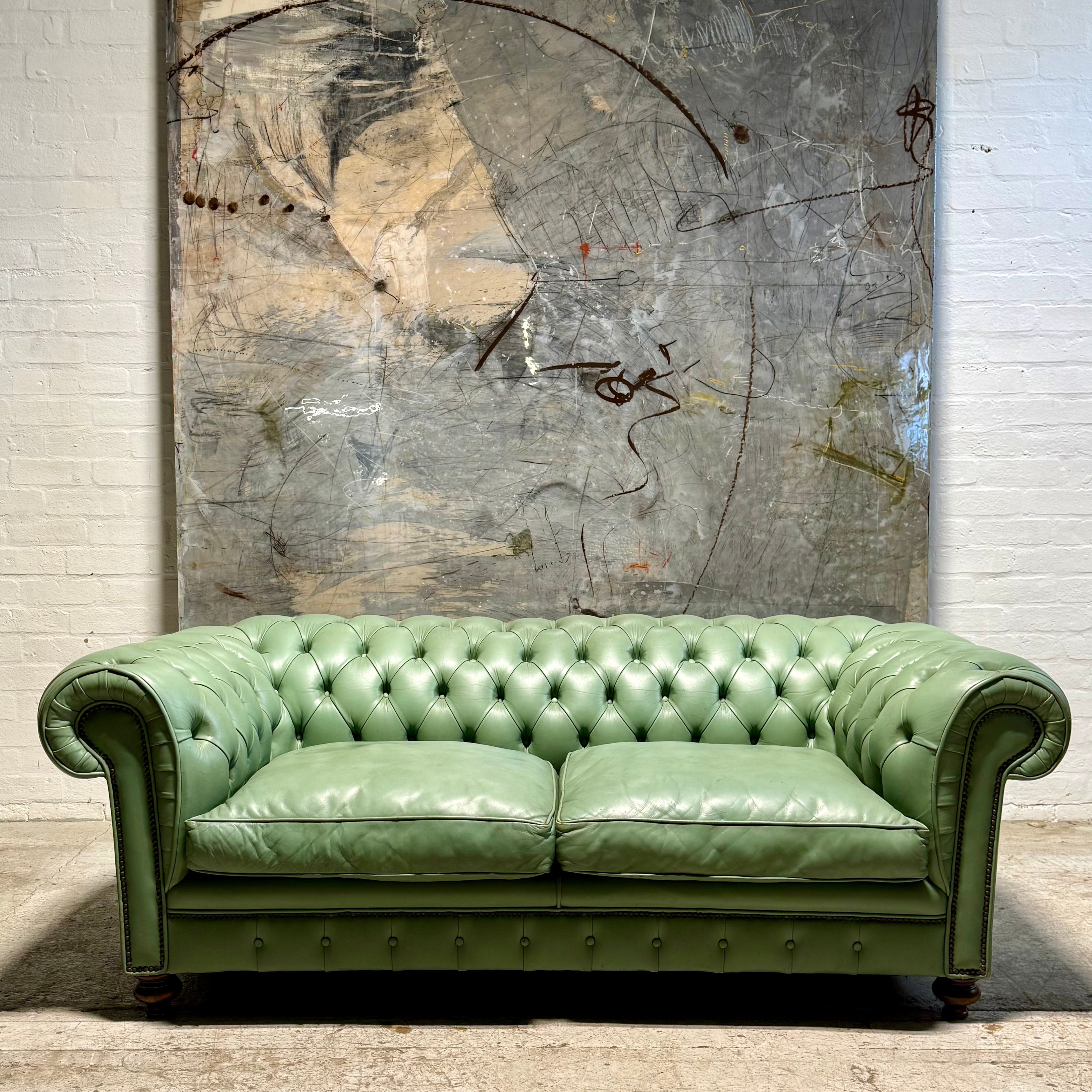 Restored 19thC Antique Leather Chesterfield Sofa in Pistachio Green