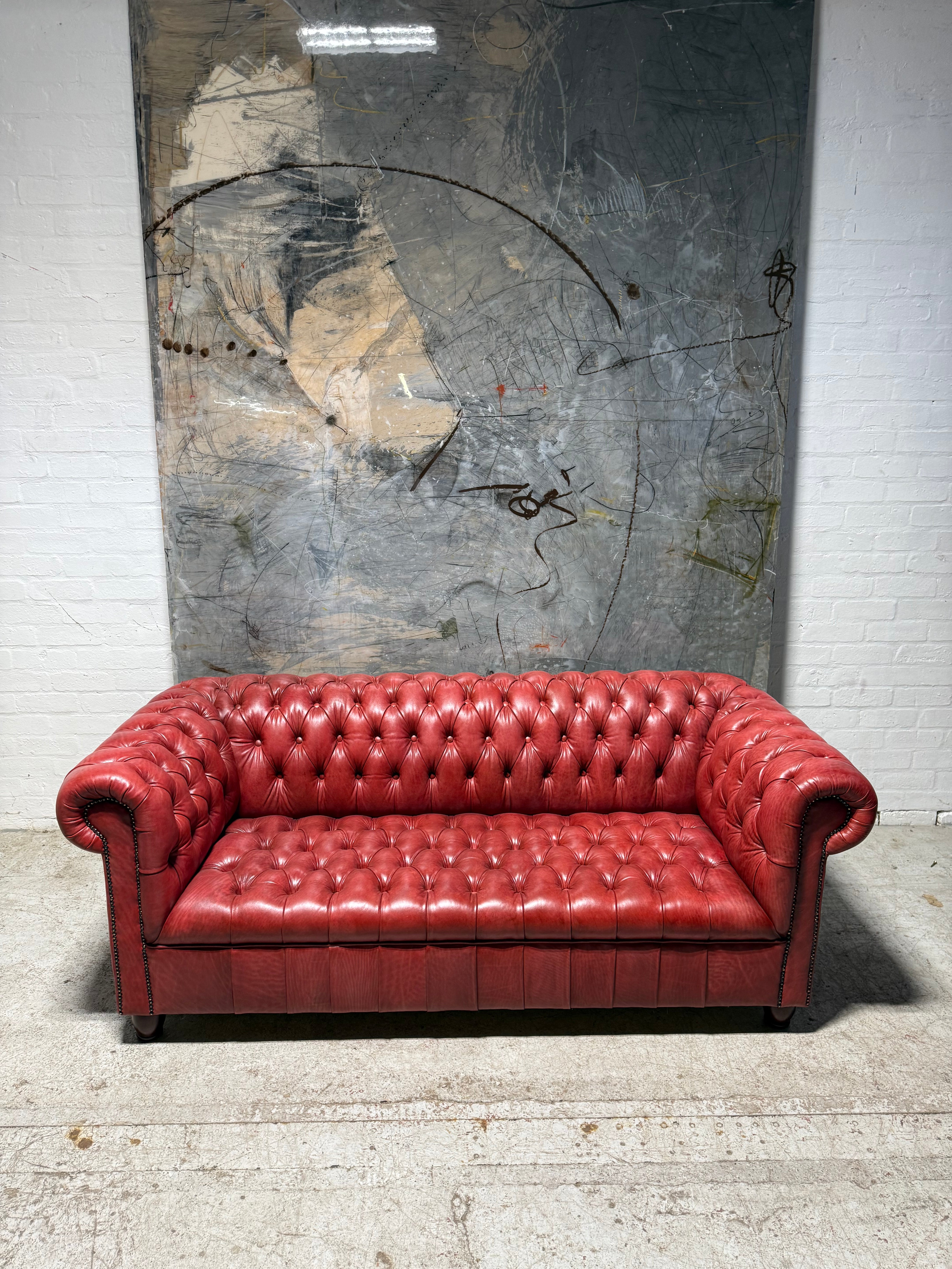 Fully Restored Late 20thc Leather Chesterfield 3 Piece Suite In Hand Dyed Pillar Box Red