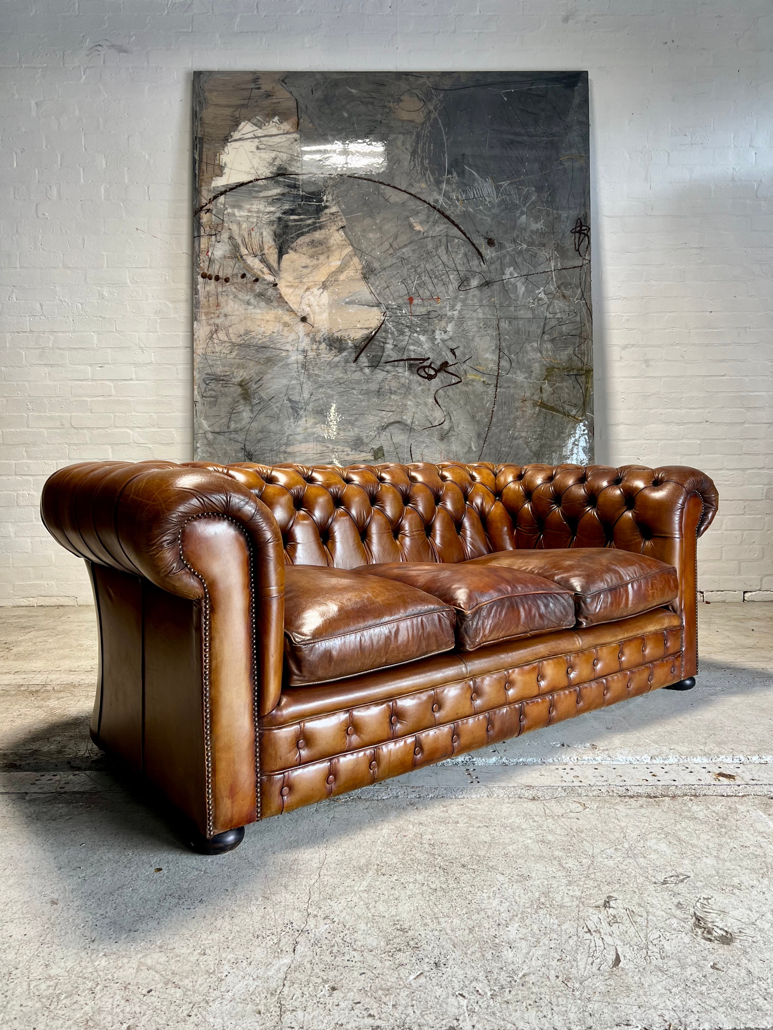 Exceptional MidC Caramel Hand Dyed Leather Chesterfield Sofa