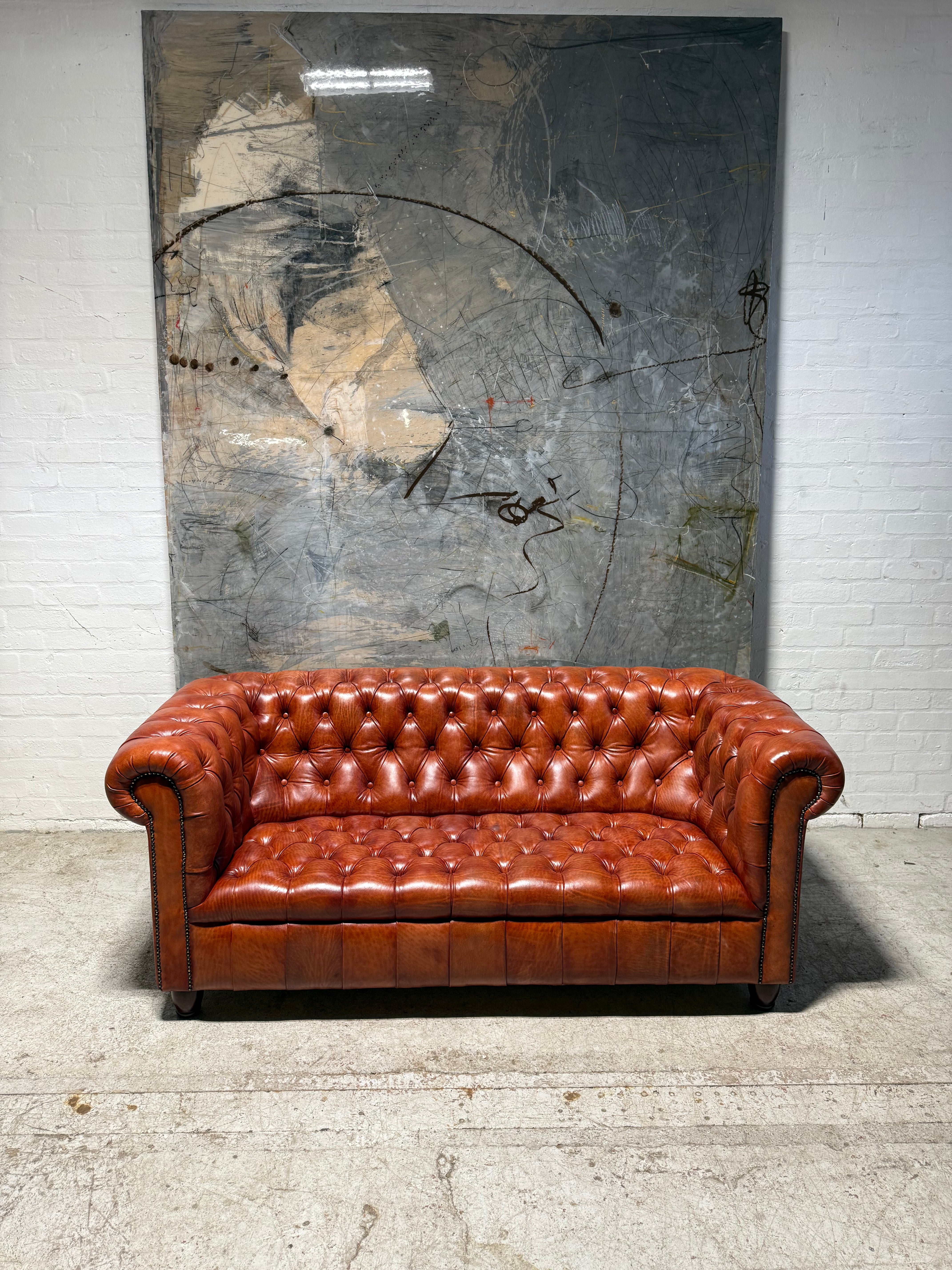 Fully Restored Late 20thC Chesterfield 3 Piece Suite in Hand Dyed Cognac
