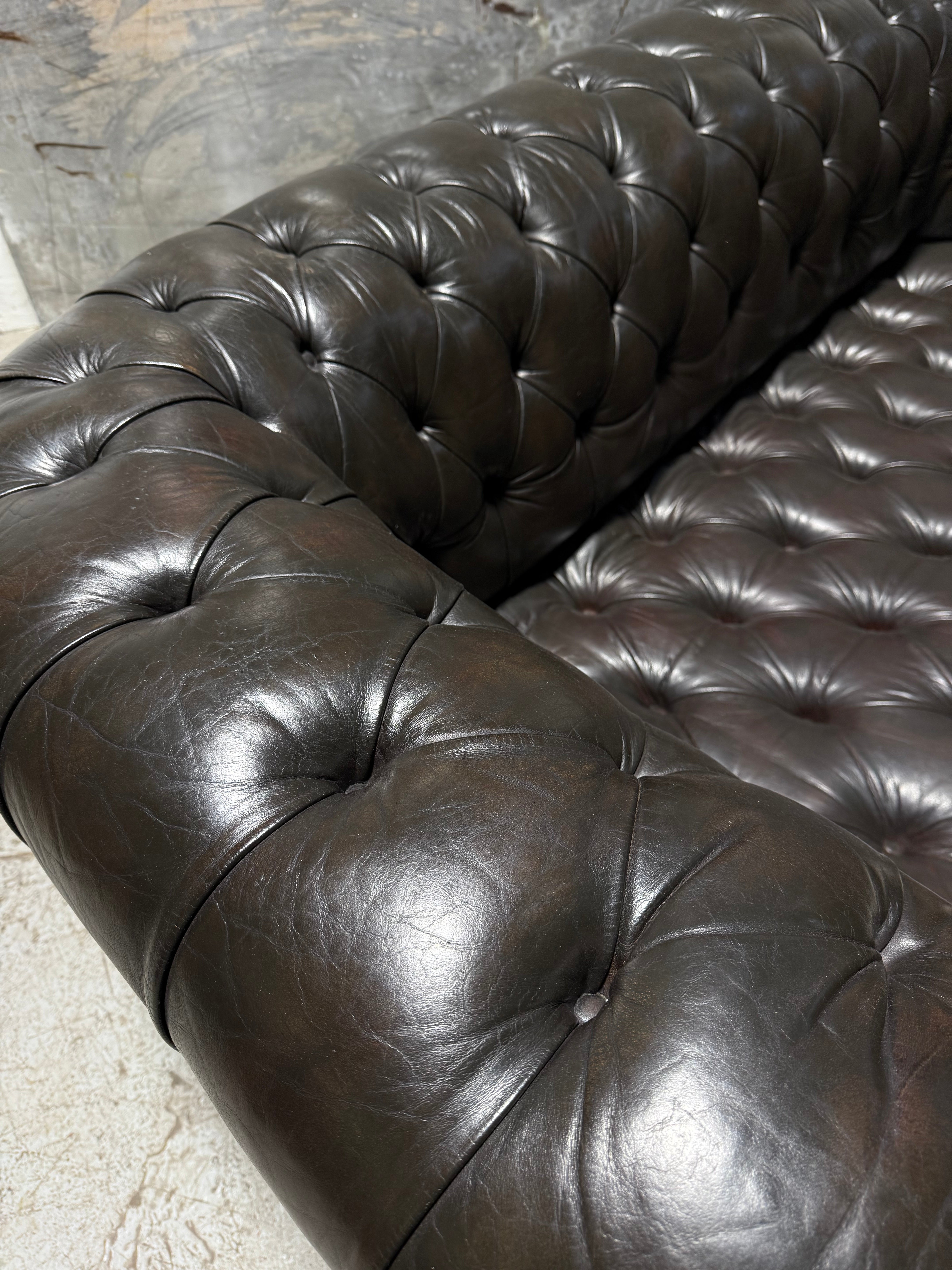 Very Good MidC 3 Seater Leather Chesterfield Tufted Couch in hand Dyed Bitter Chocolate