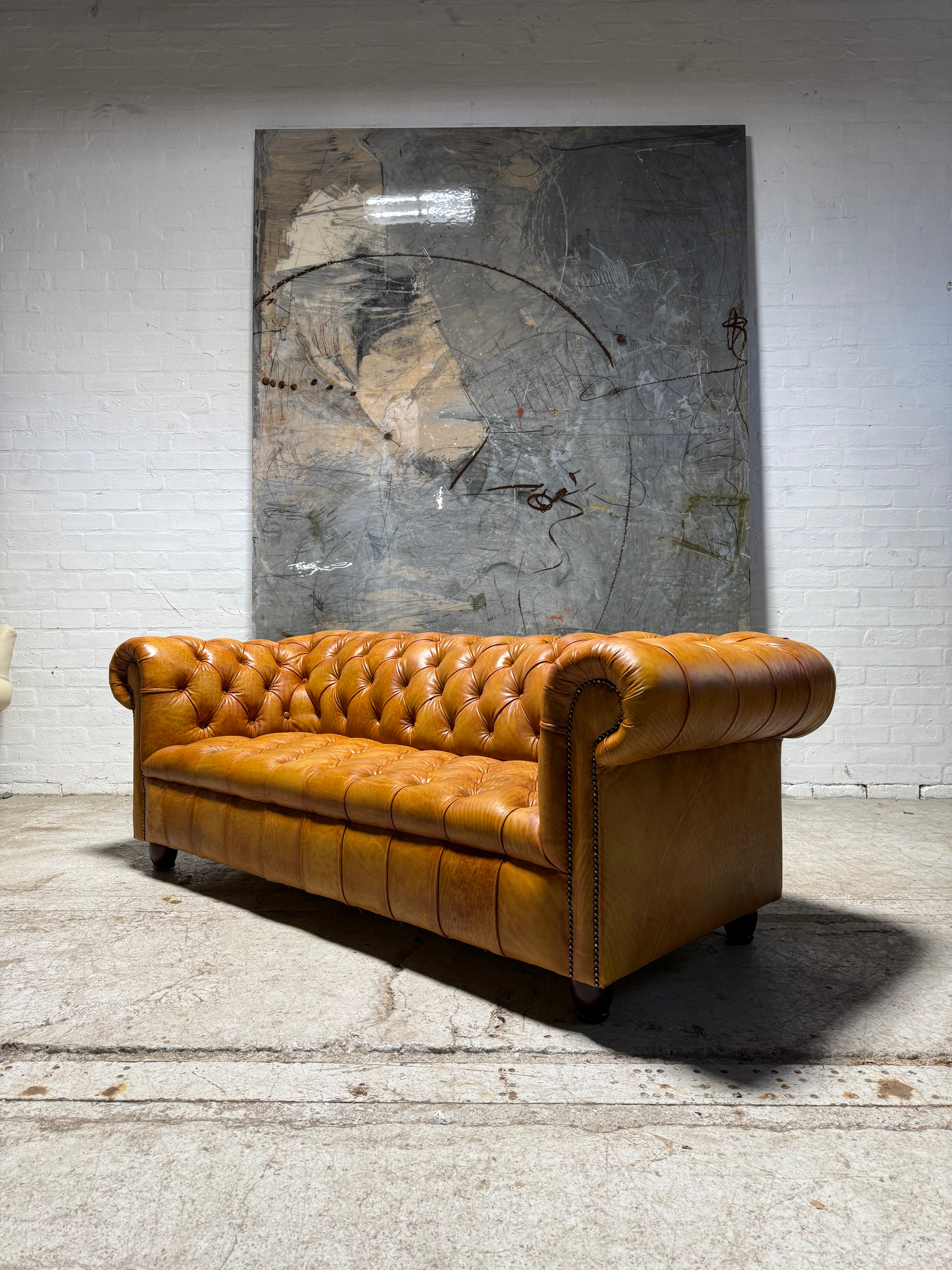 Fully Restored Late 20thc Chesterfield 3 Piece Suite In Hand Dyed Honey Tan Leather