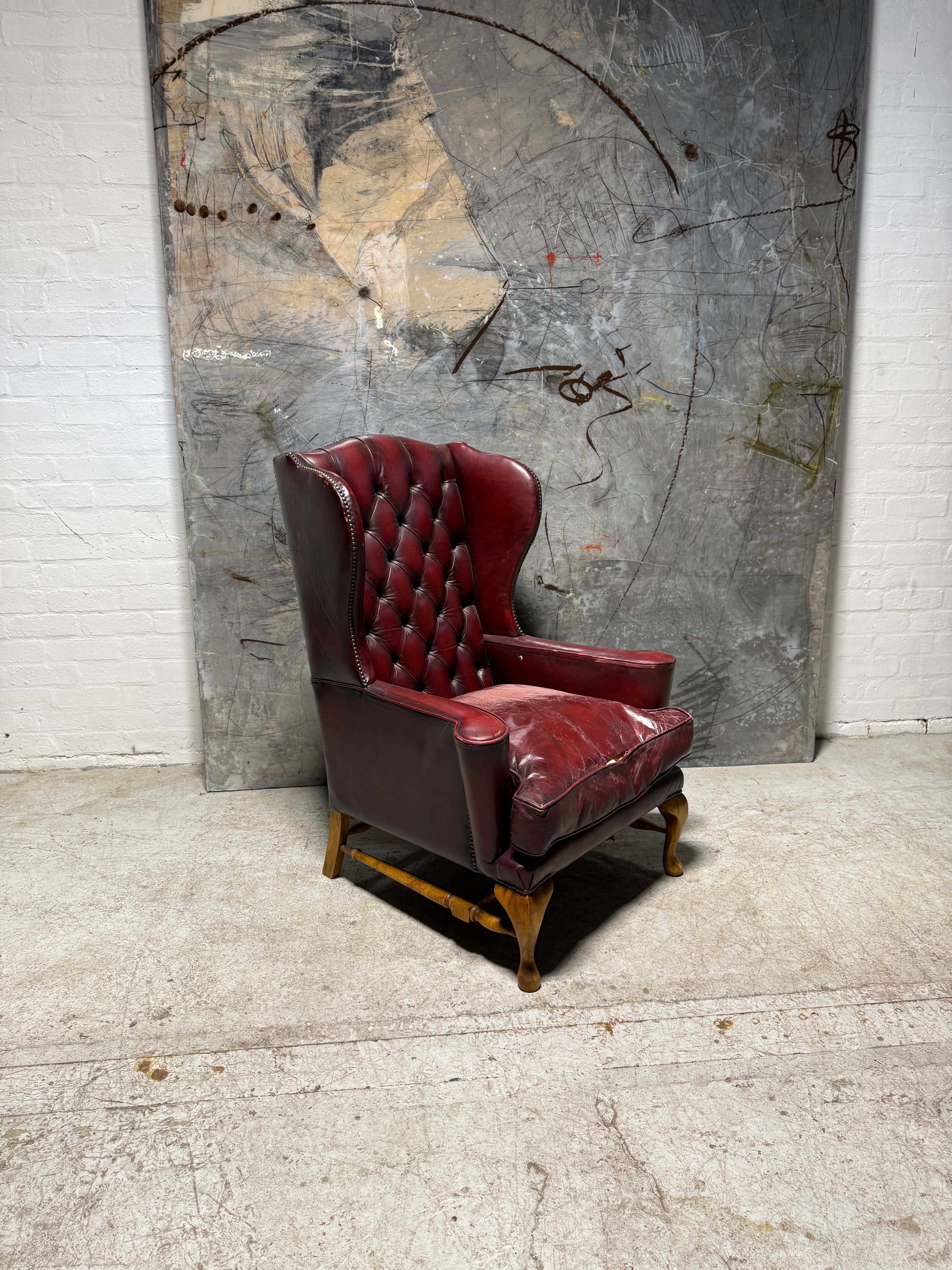 Beautiful Gentleman’s Leather Wing Back Armchair With Turned “H” Frame