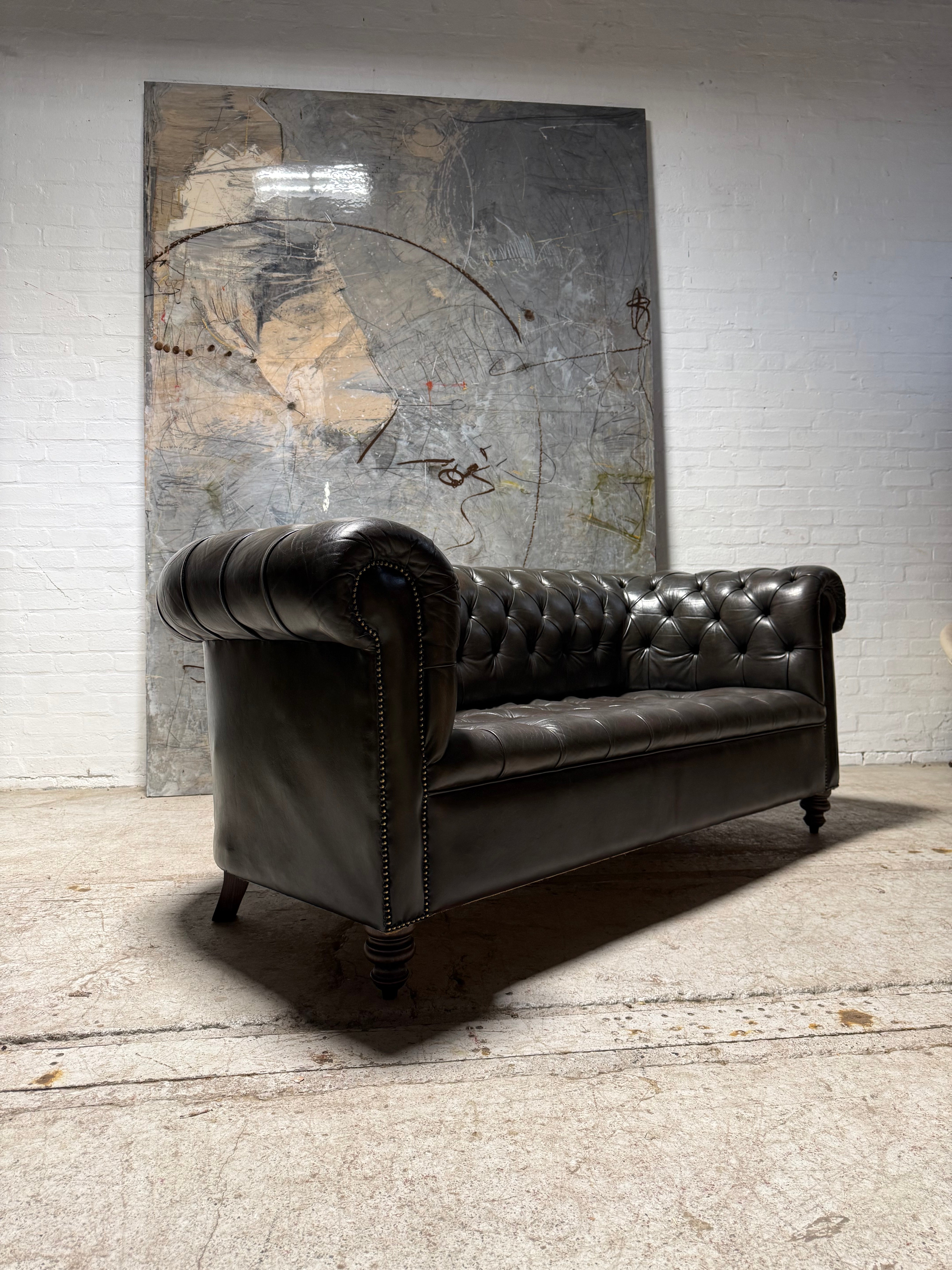 Very Good MidC 3 Seater Leather Chesterfield Tufted Couch in hand Dyed Bitter Chocolate