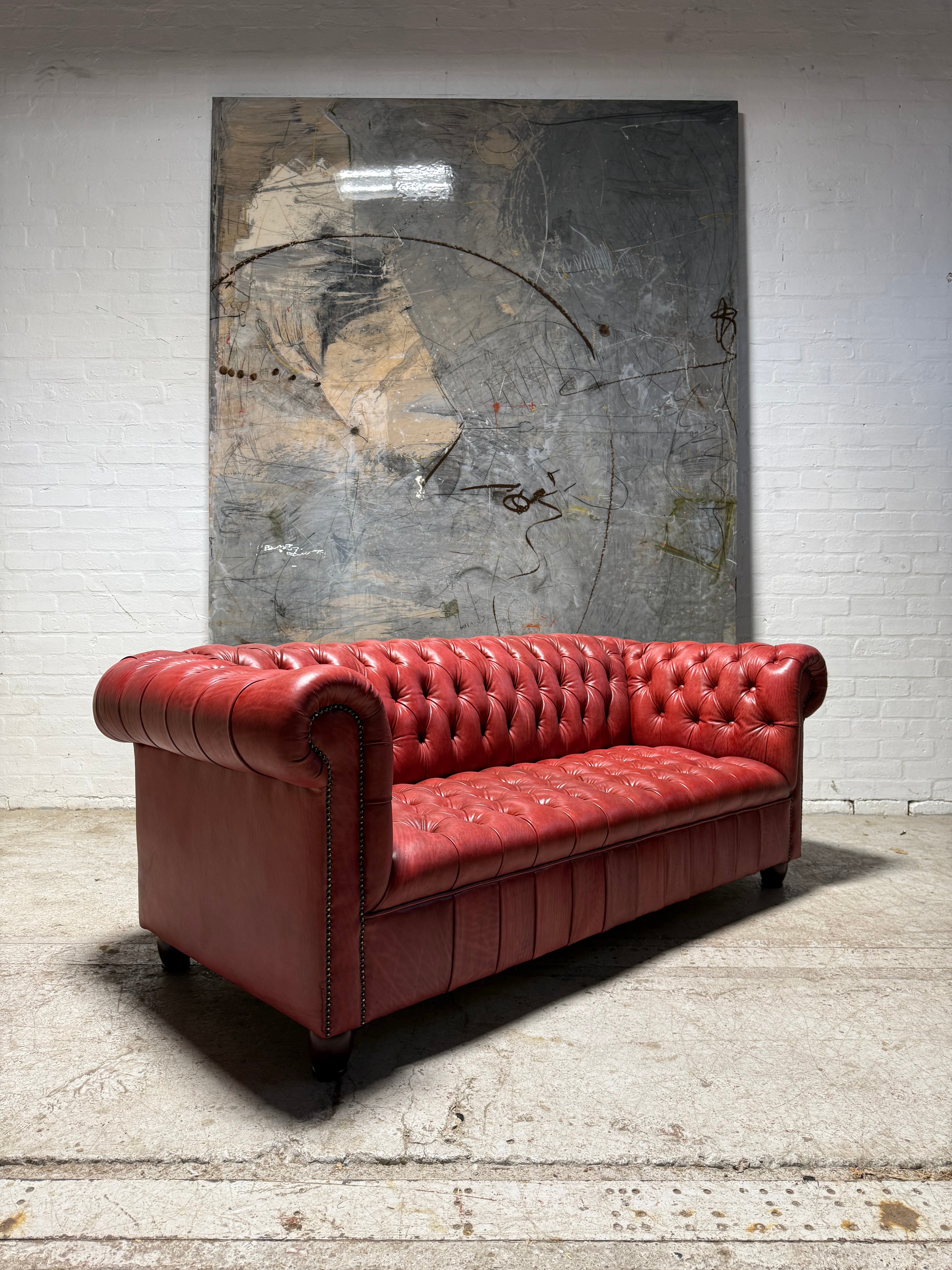 Fully Restored Late 20thc Leather Chesterfield 3 Piece Suite In Hand Dyed Pillar Box Red