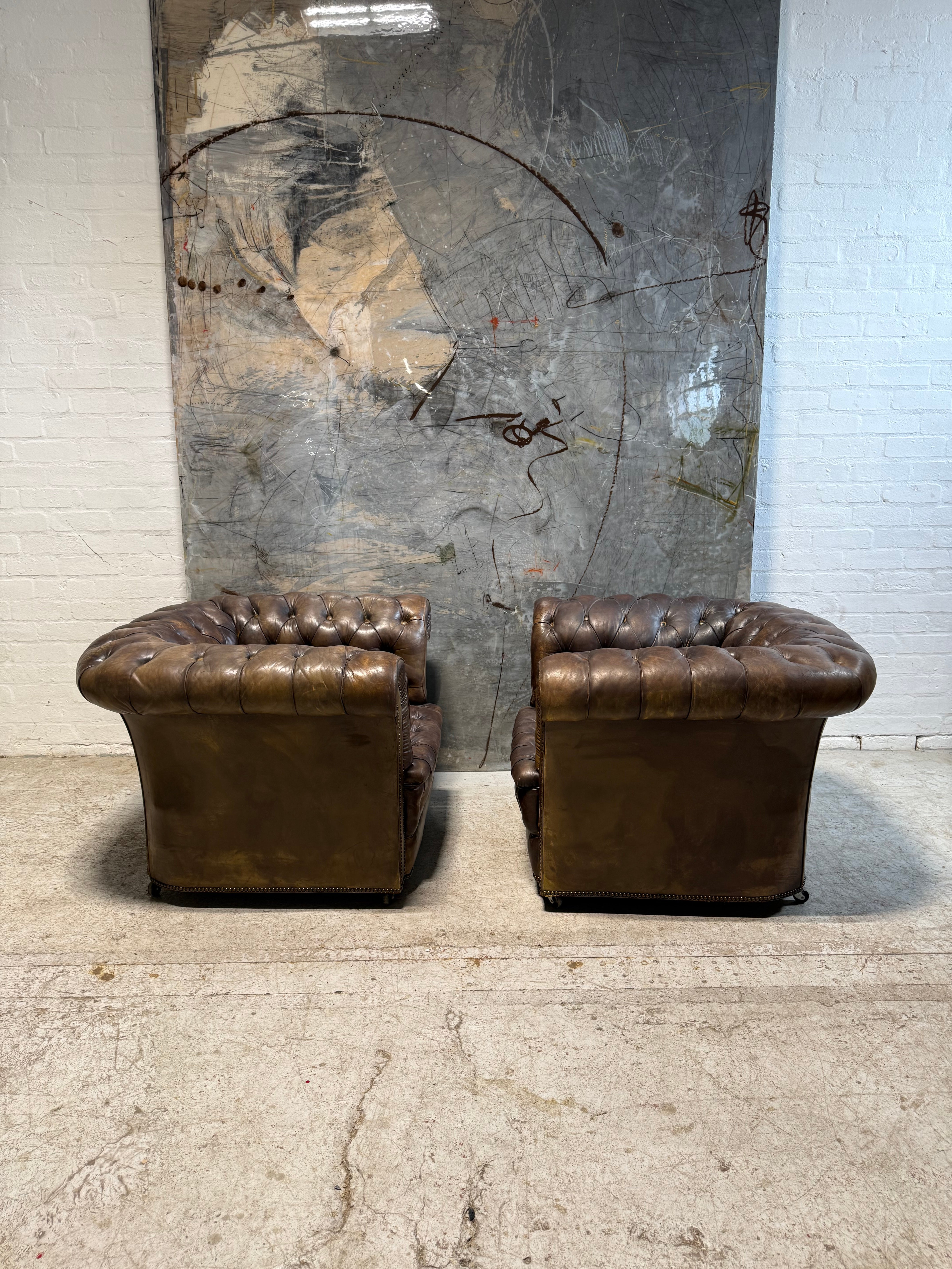 Stunning Matching Pair of Hand Dyed Vintage Leather Chesterfield Club Chairs