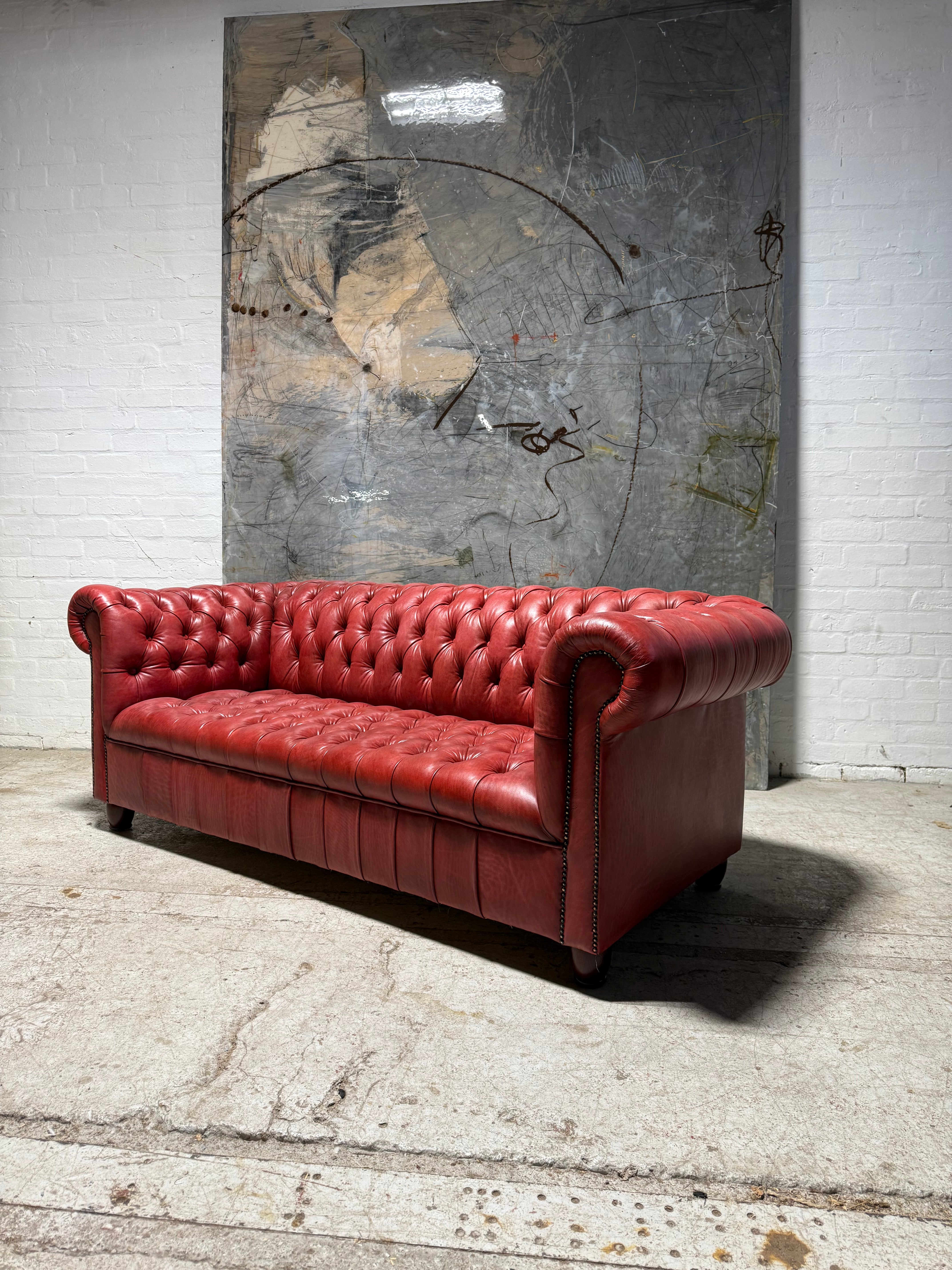 Fully Restored Late 20thc Leather Chesterfield 3 Piece Suite In Hand Dyed Pillar Box Red