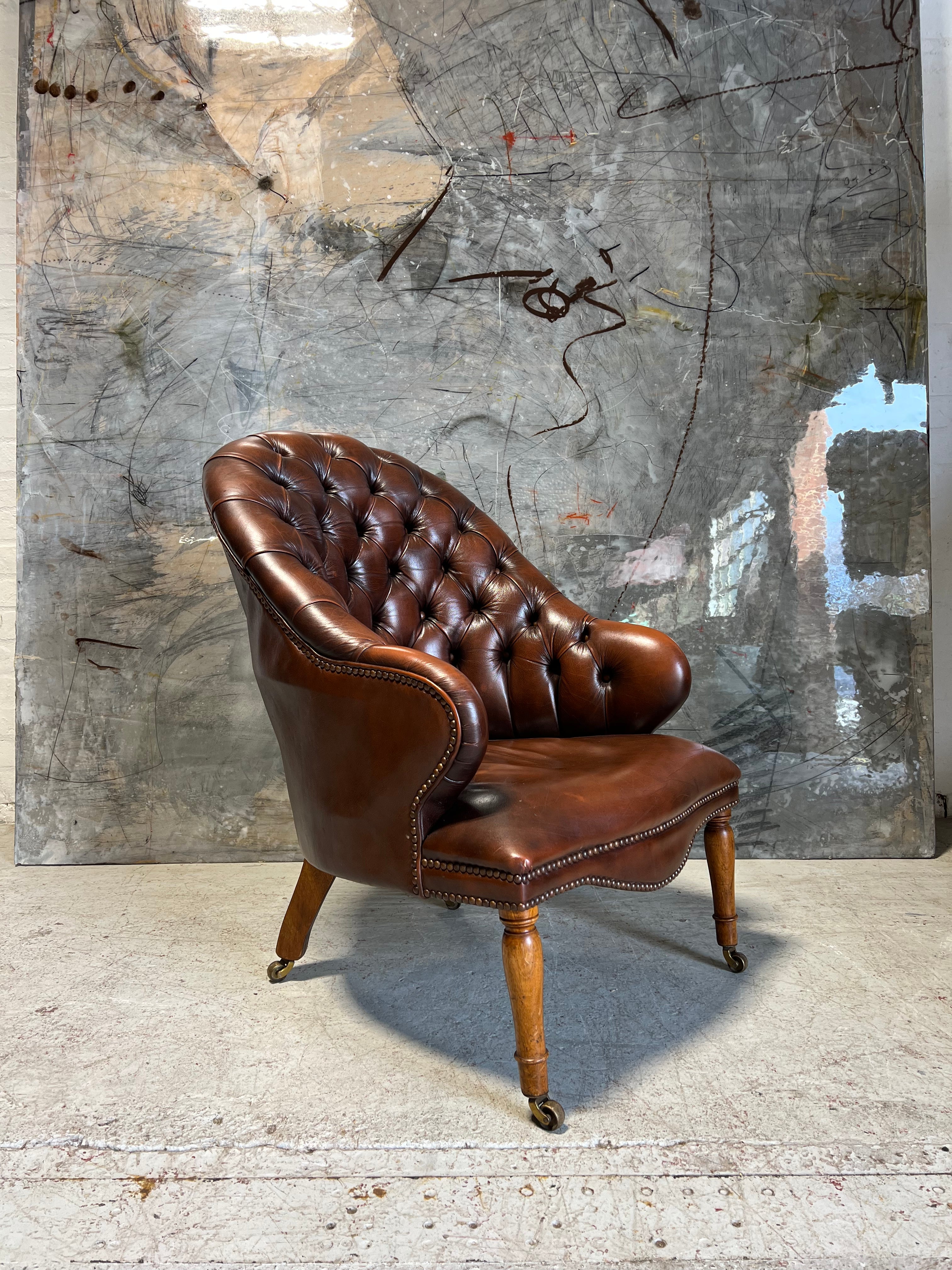 2 of 6 - A Stunning Pair of Rich Brown Leather Chesterfield a Library Chairs