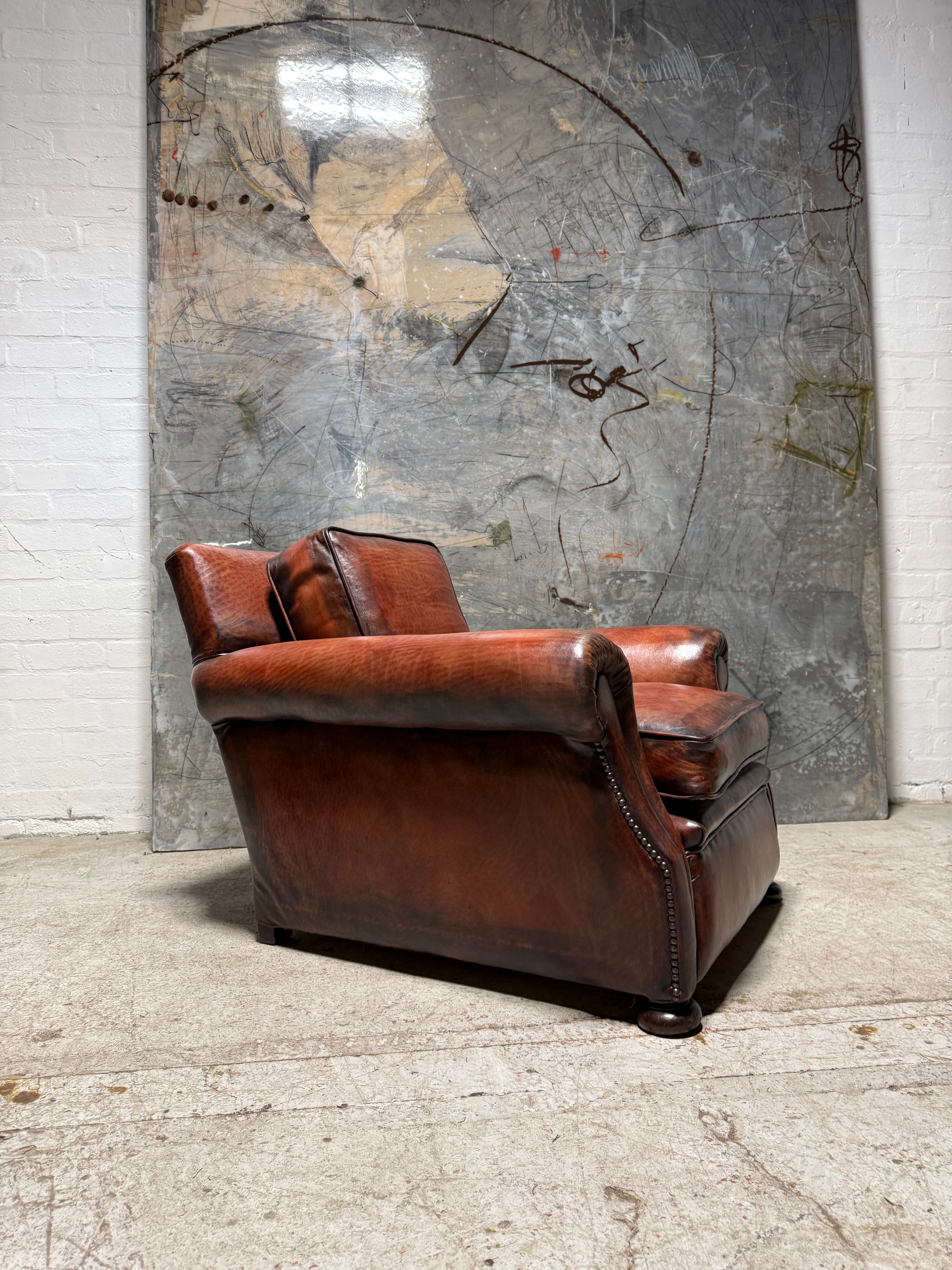 Matching Pair of Antique Leather Armchairs in Hand Dyed Leather circa 1910
