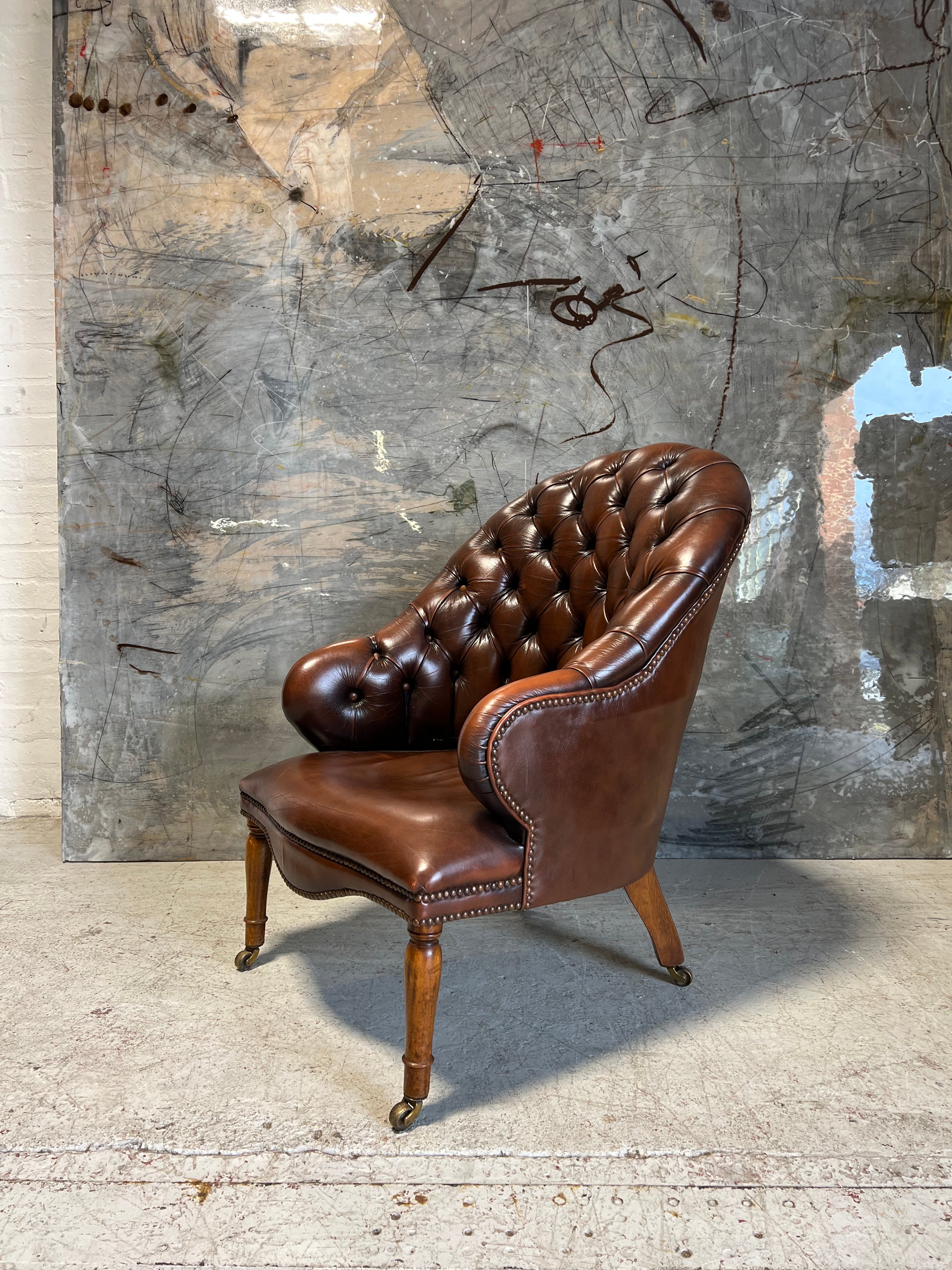 2 of 6 - A Stunning Pair of Rich Brown Leather Chesterfield a Library Chairs