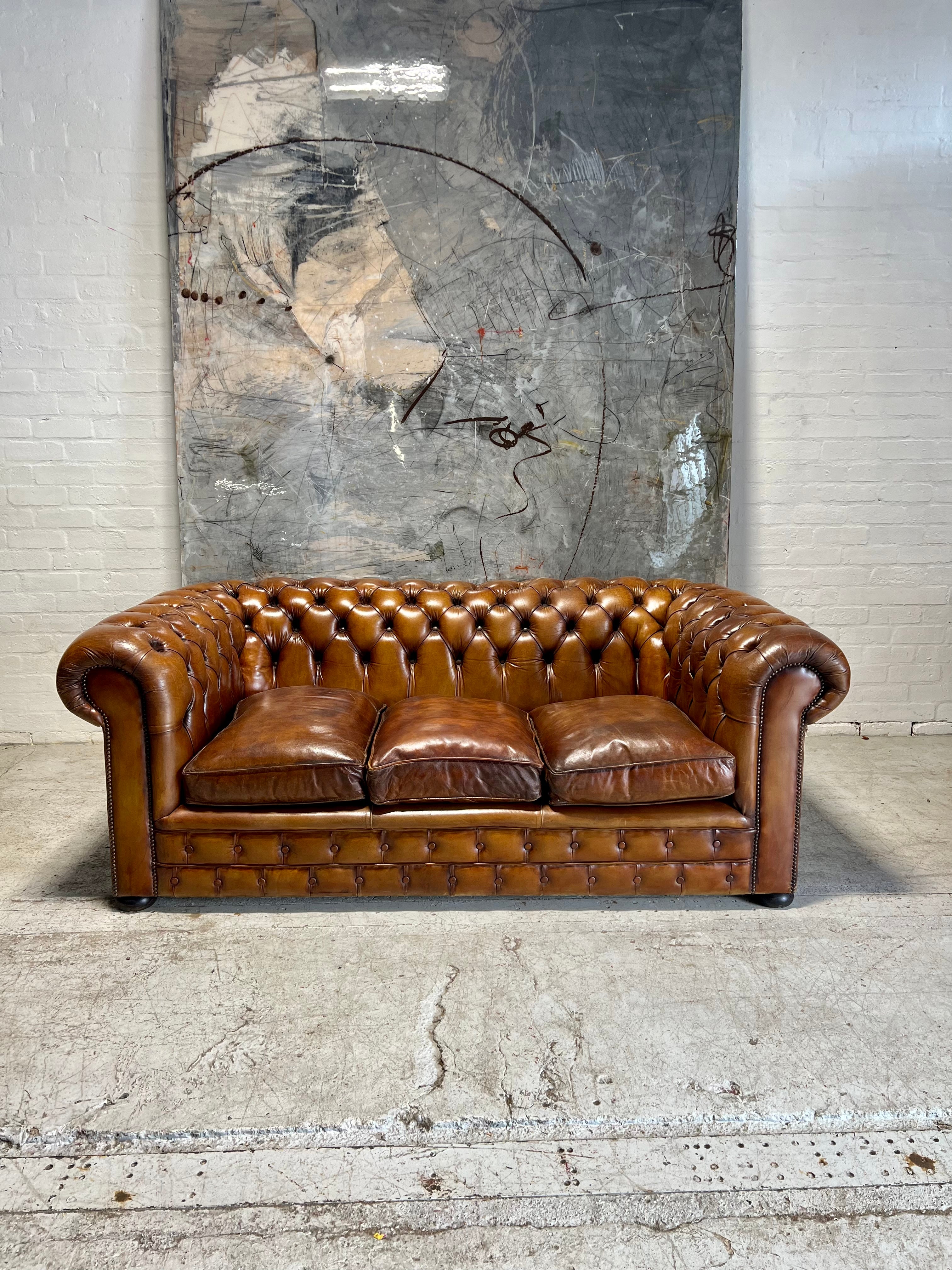 Exceptional MidC Caramel Hand Dyed Leather Chesterfield Sofa