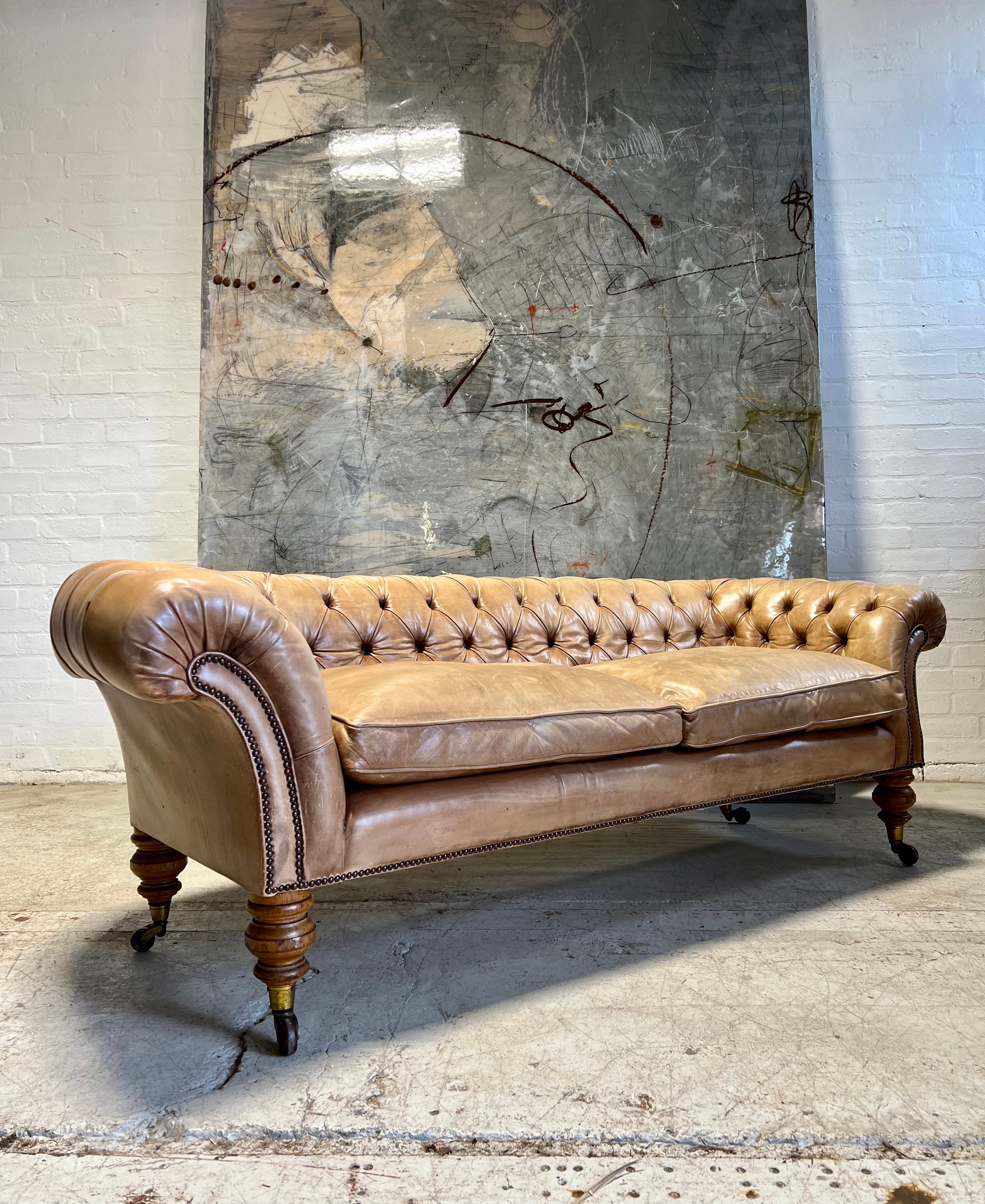 Very Beautiful 19thC Leather Chesterfield Sofa in Hand Dyed Parchment