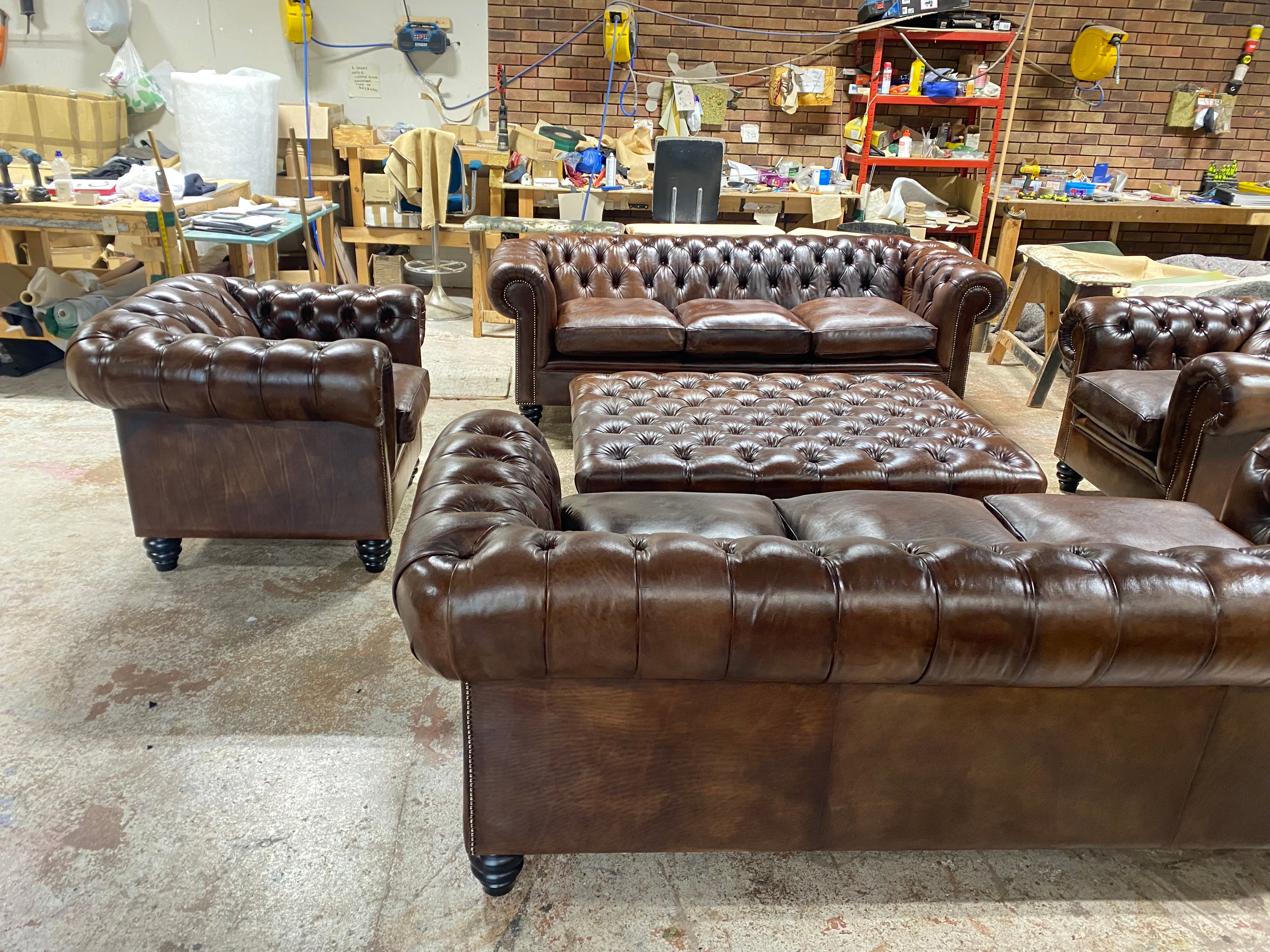 The Gentleman’s Dark Walnut Brown Hand Dyed Leather Chesterfield Sofas and Chairs