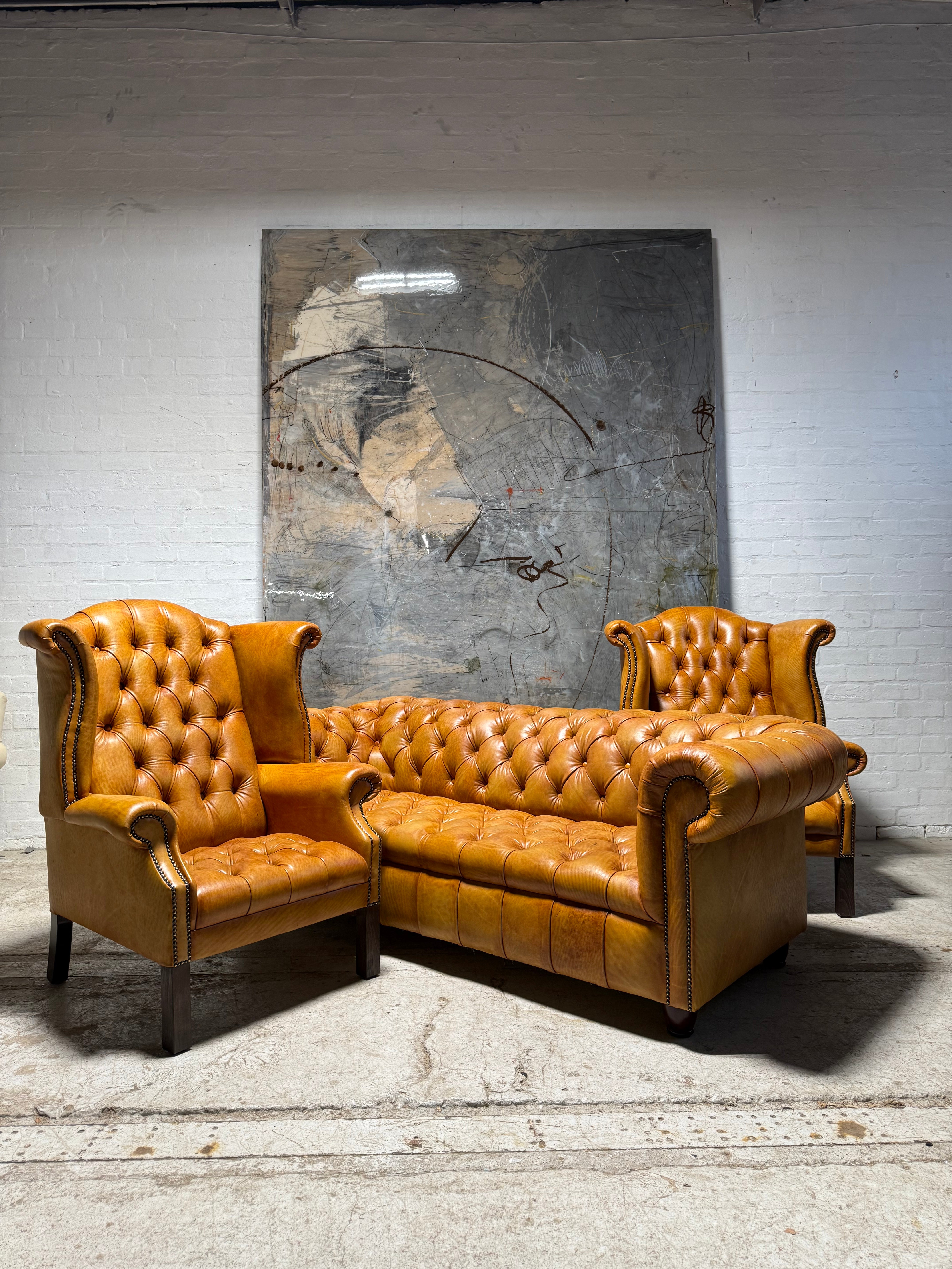 Fully Restored Late 20thc Chesterfield 3 Piece Suite In Hand Dyed Honey Tan Leather