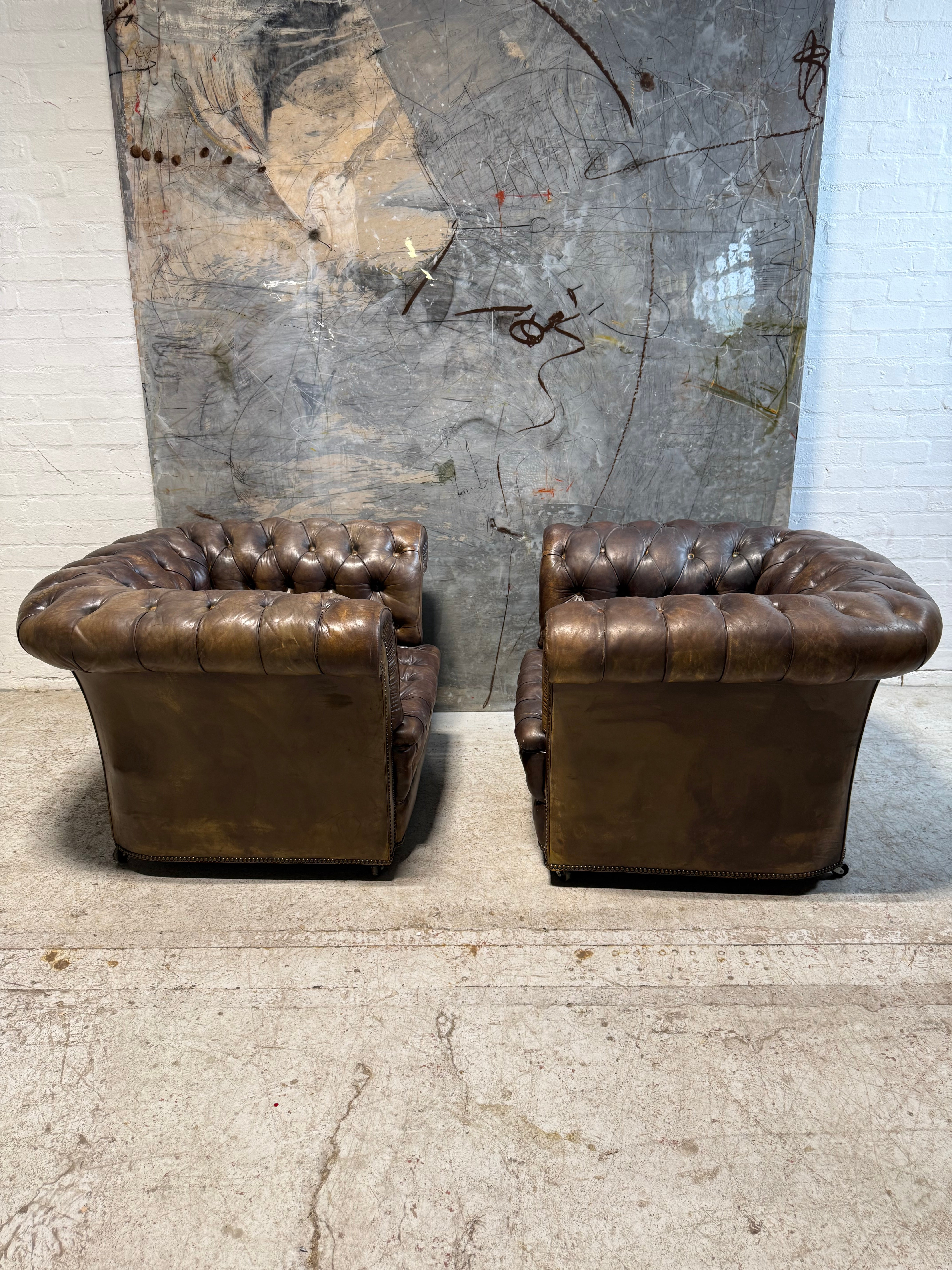 Stunning Matching Pair of Hand Dyed Vintage Leather Chesterfield Club Chairs
