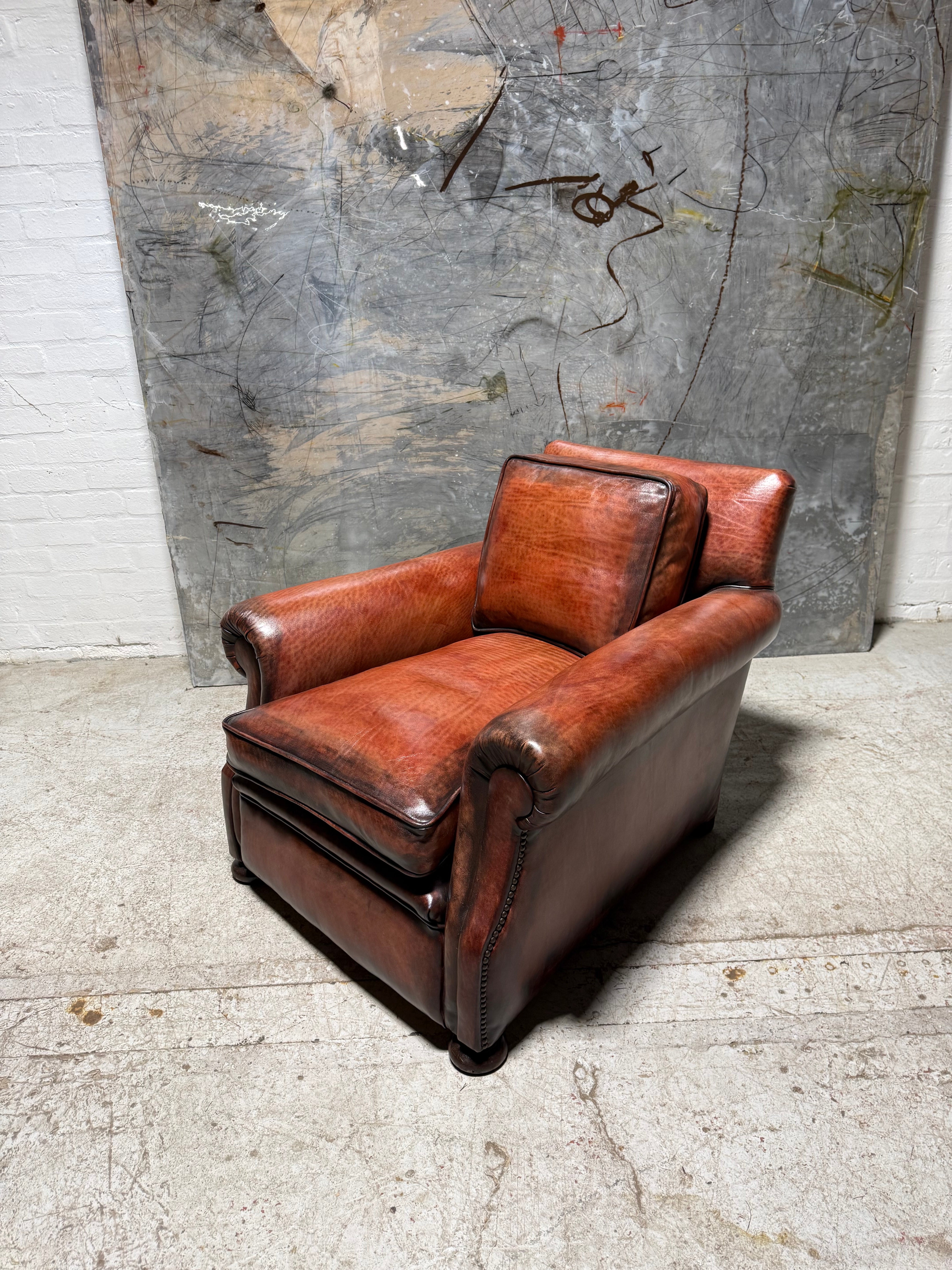 Matching Pair of Antique Leather Armchairs in Hand Dyed Leather circa 1910