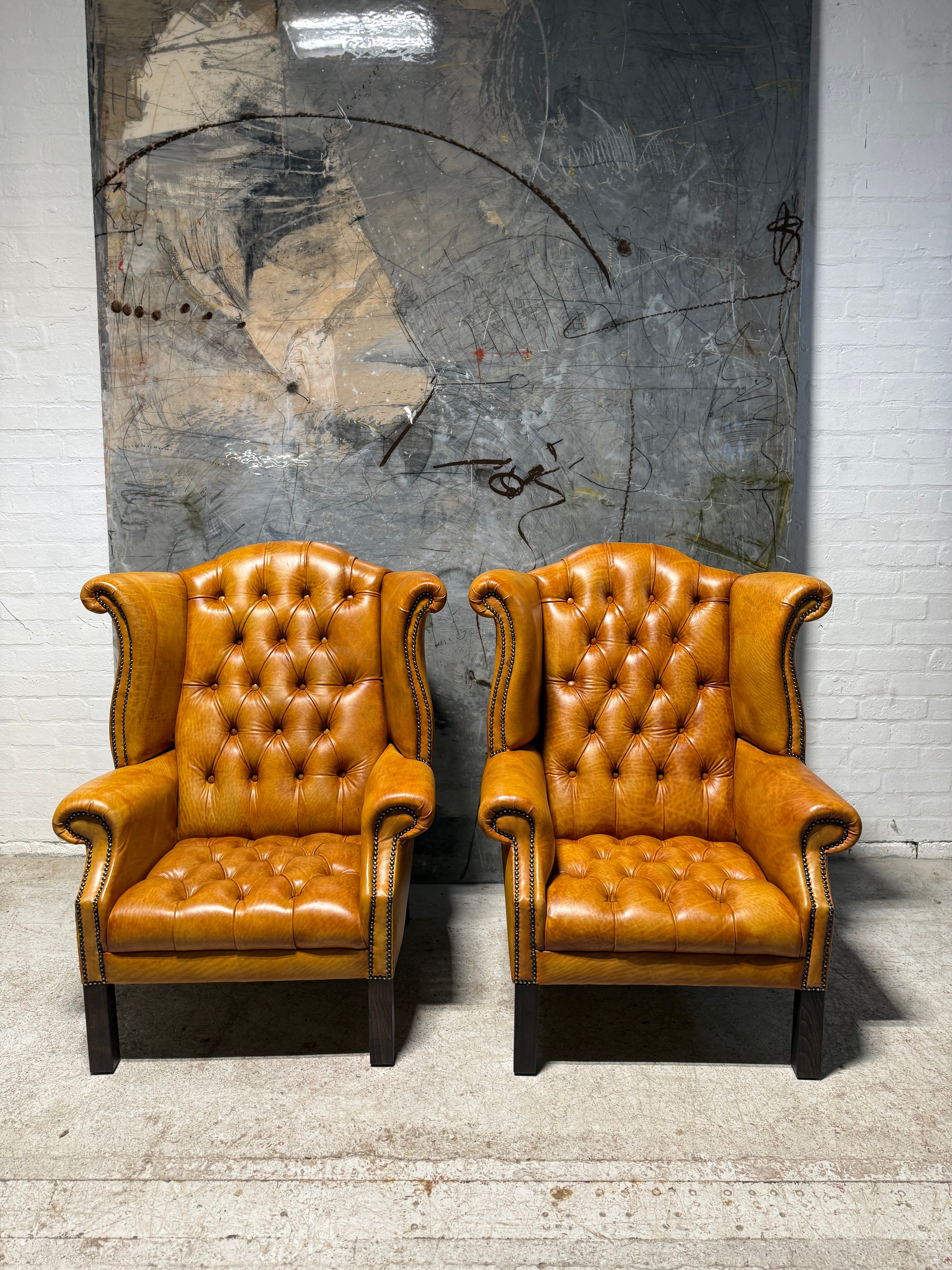 Fully Restored Late 20thc Chesterfield 3 Piece Suite In Hand Dyed Honey Tan Leather
