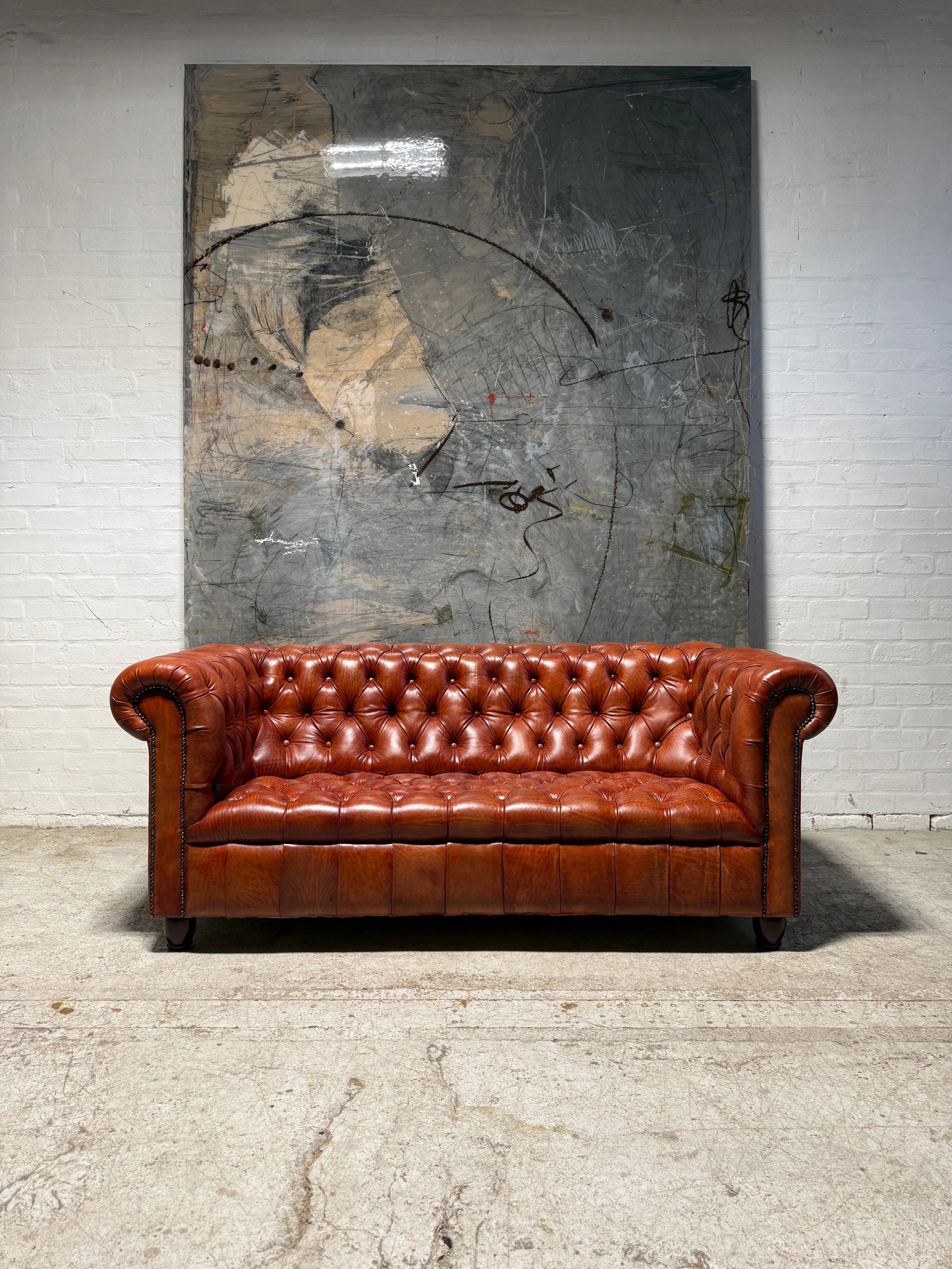 Fully Restored Late 20thC Chesterfield 3 Piece Suite in Hand Dyed Cognac