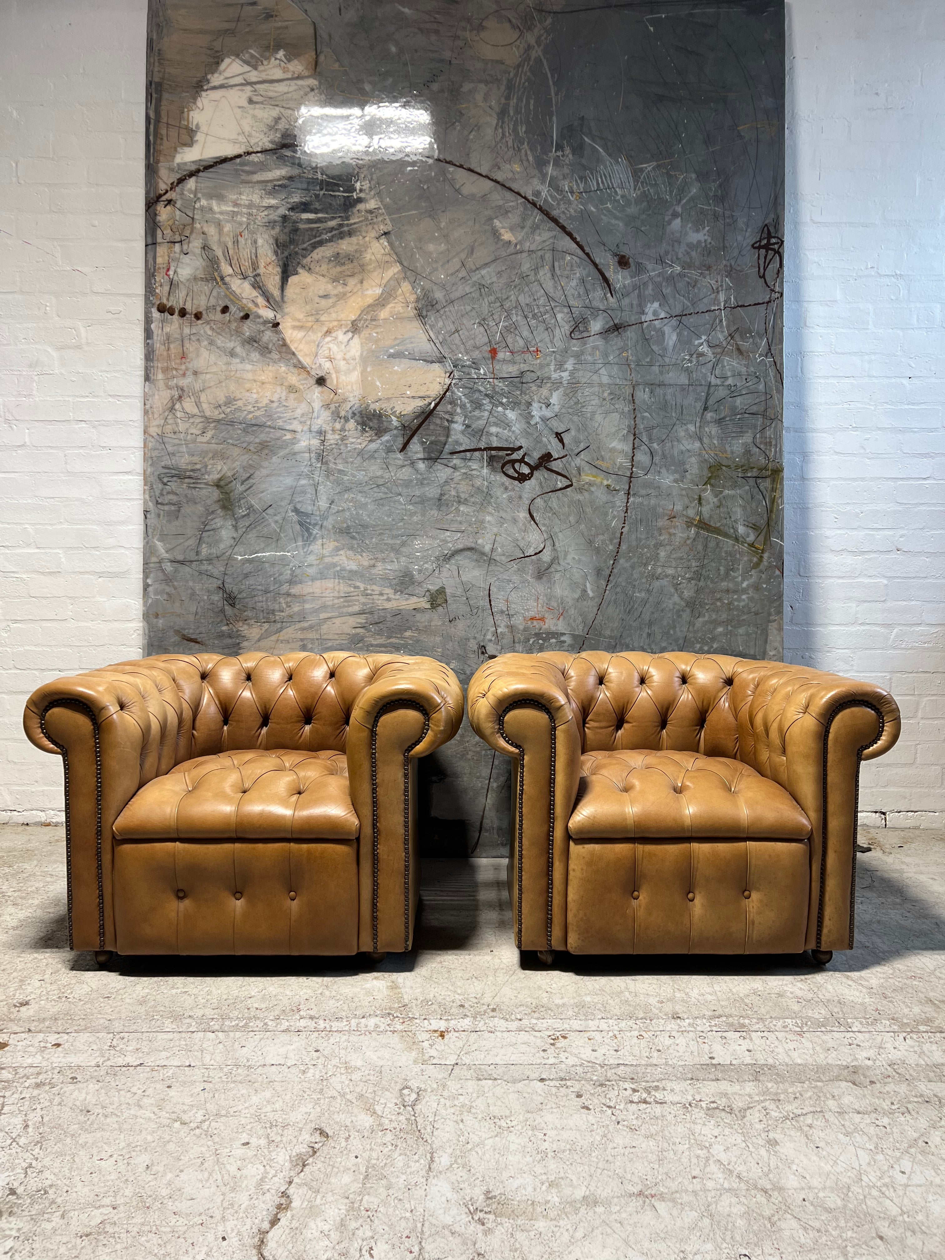 A Super Pair of Vintage Tan Leather Chesterfield Club Chairs