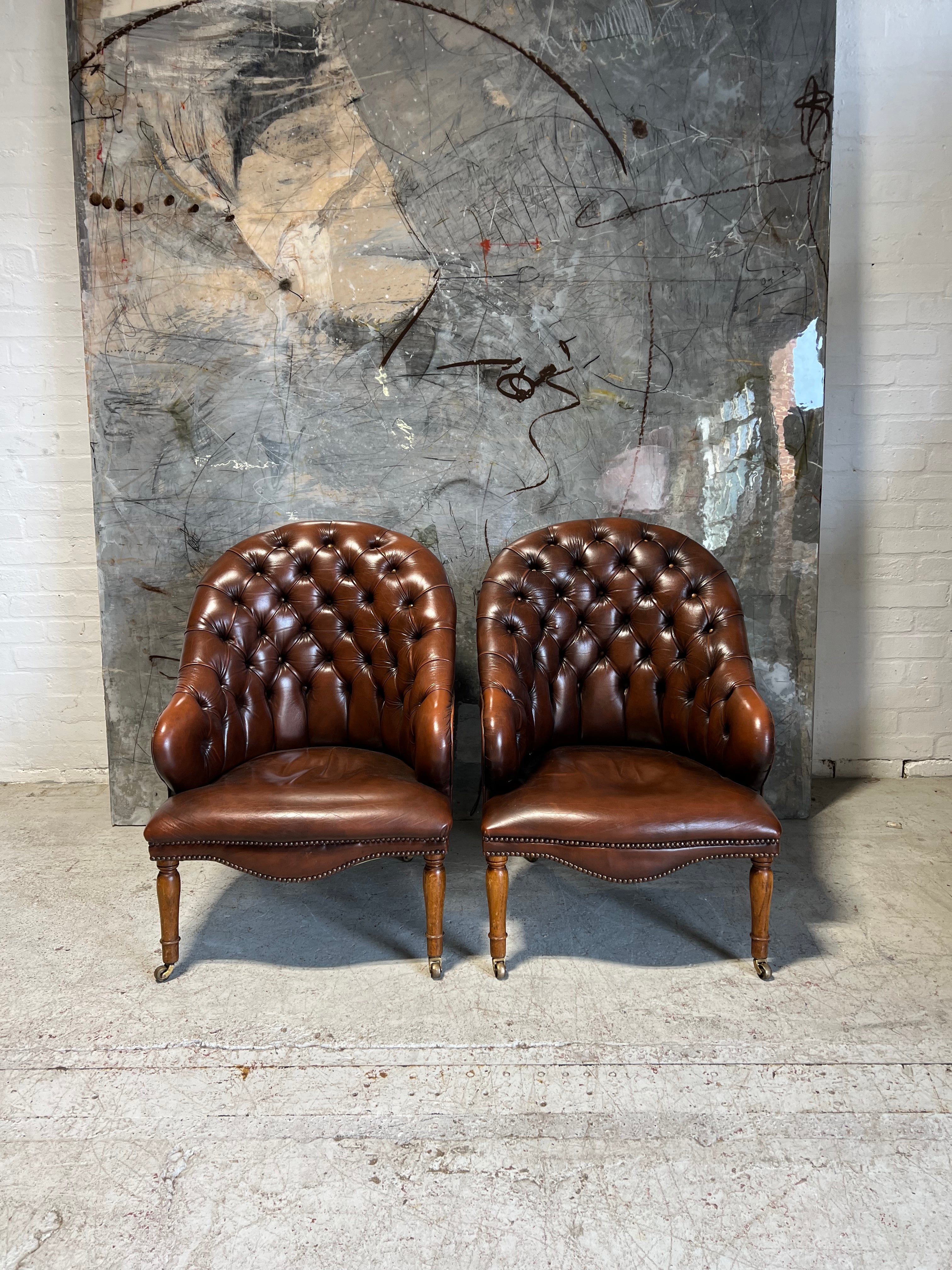 2 of 6 - A Stunning Pair of Rich Brown Leather Chesterfield a Library Chairs