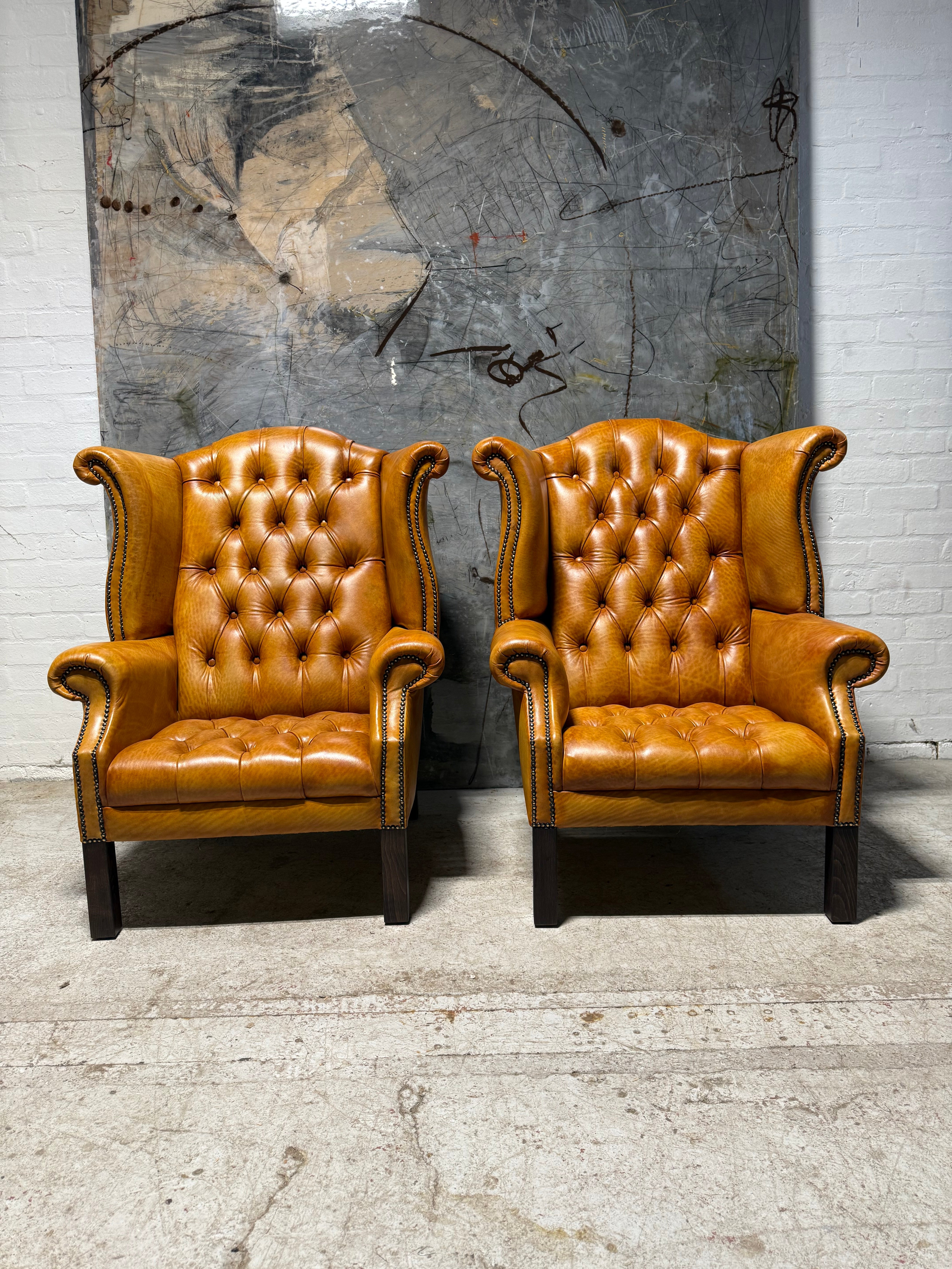 Fully Restored Late 20thc Chesterfield 3 Piece Suite In Hand Dyed Honey Tan Leather