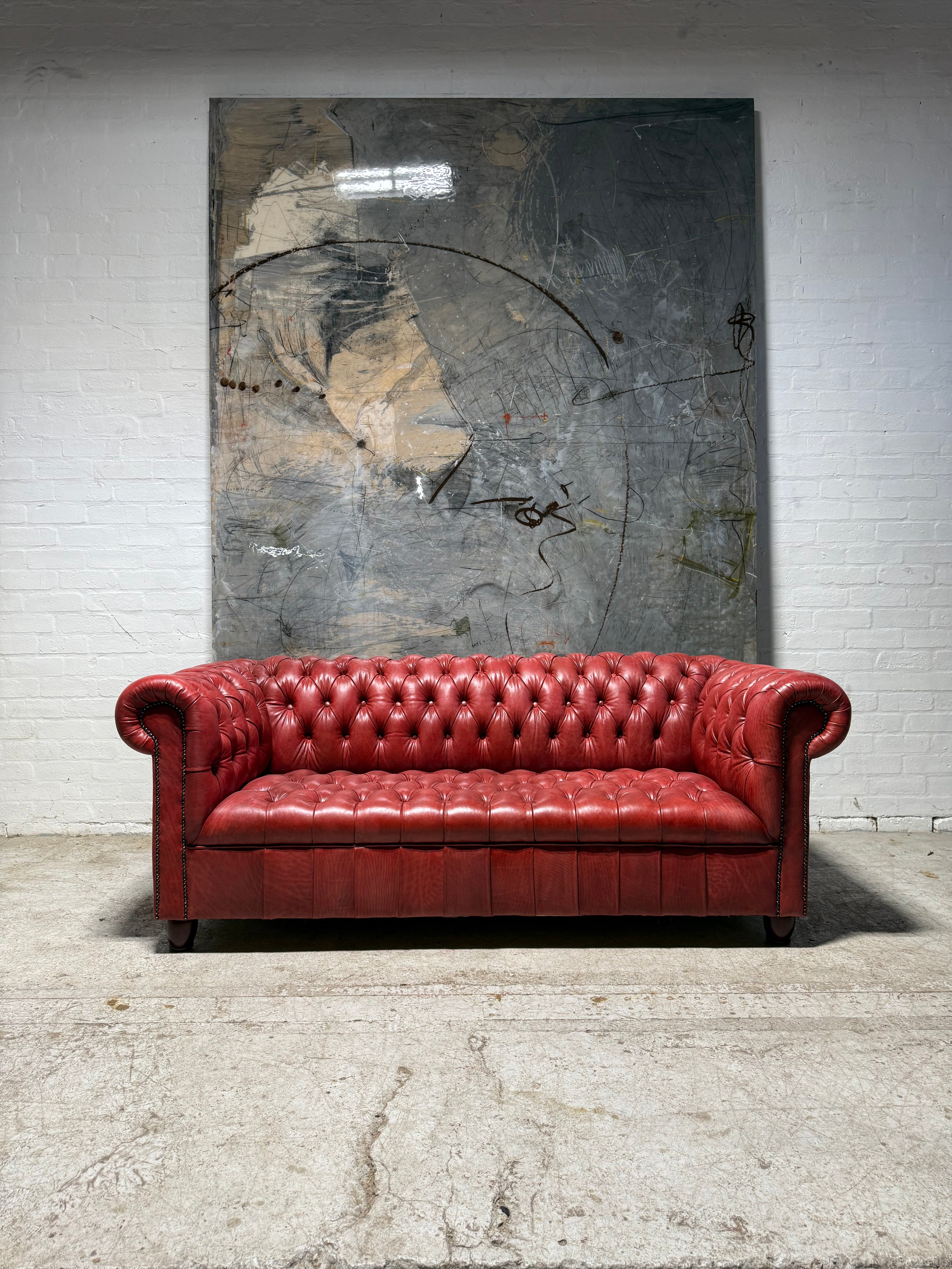 Fully Restored Late 20thc Leather Chesterfield 3 Piece Suite In Hand Dyed Pillar Box Red