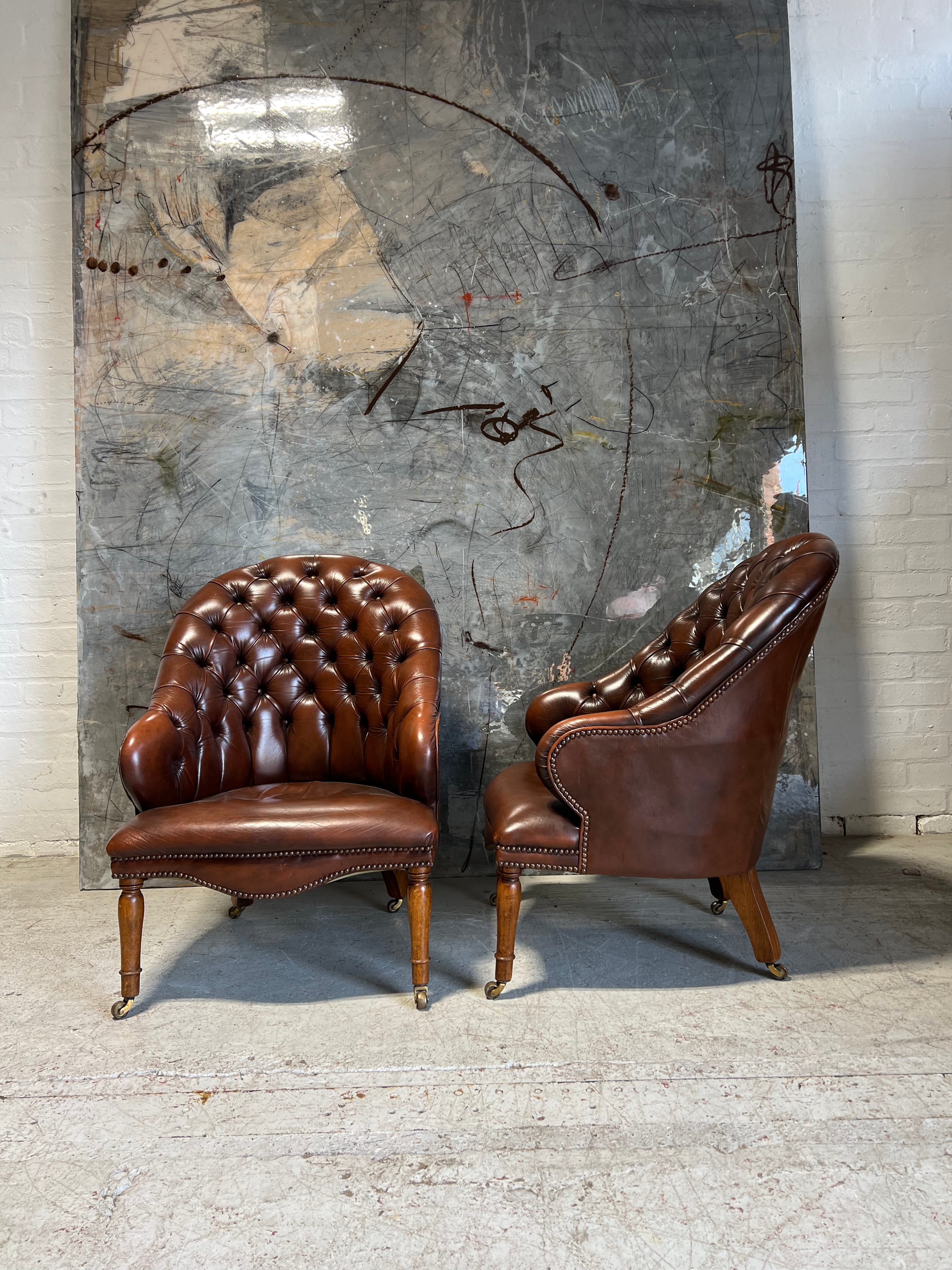 2 of 6 - A Stunning Pair of Rich Brown Leather Chesterfield a Library Chairs