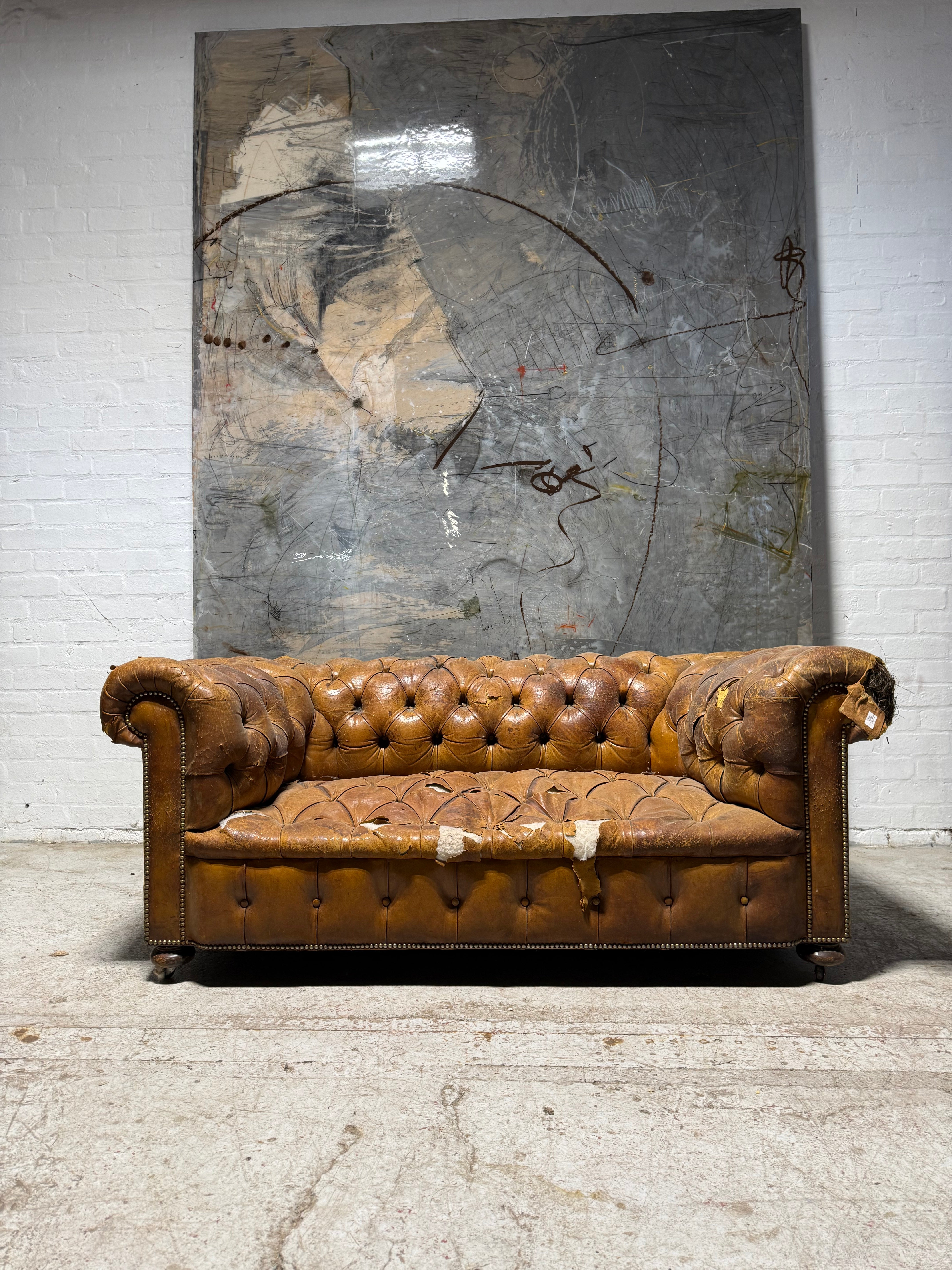 To Be Fully Restored - Vintage MidC Hand Dyed Leather Chesterfield Sofa