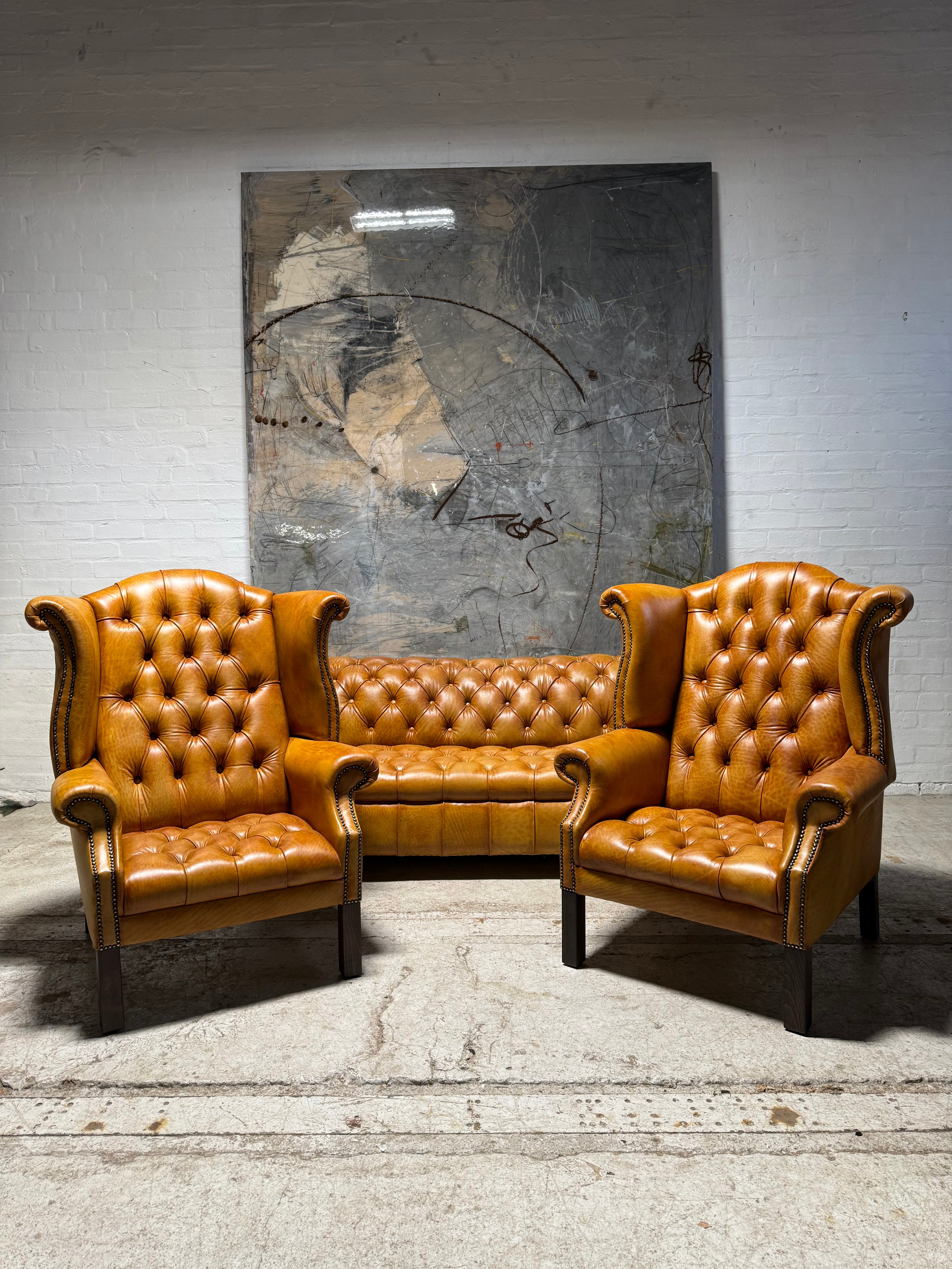 Fully Restored Late 20thc Chesterfield 3 Piece Suite In Hand Dyed Honey Tan Leather