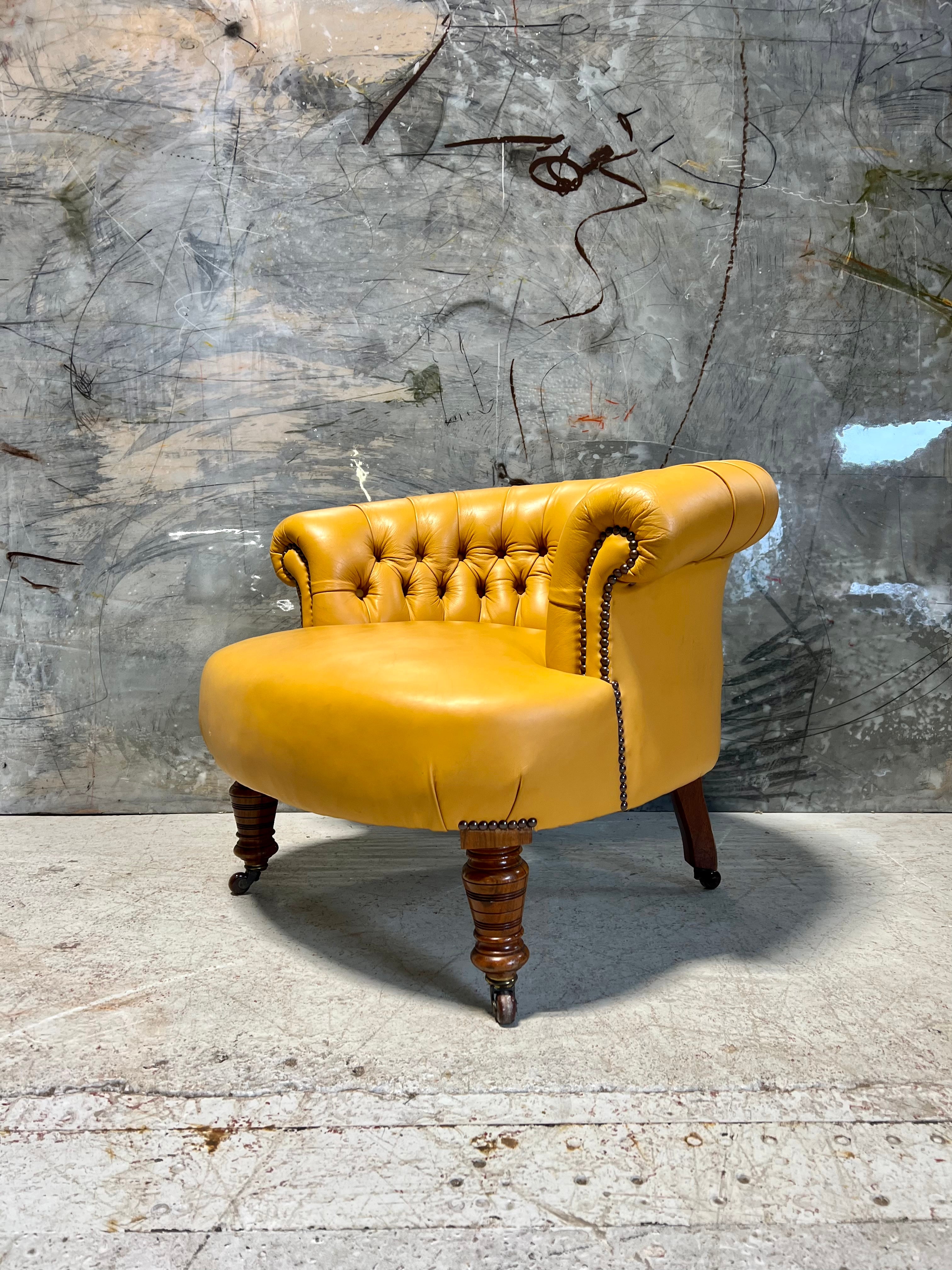 A Very Neat Antique 19thC Tub Side Chair in Yellow Leathers