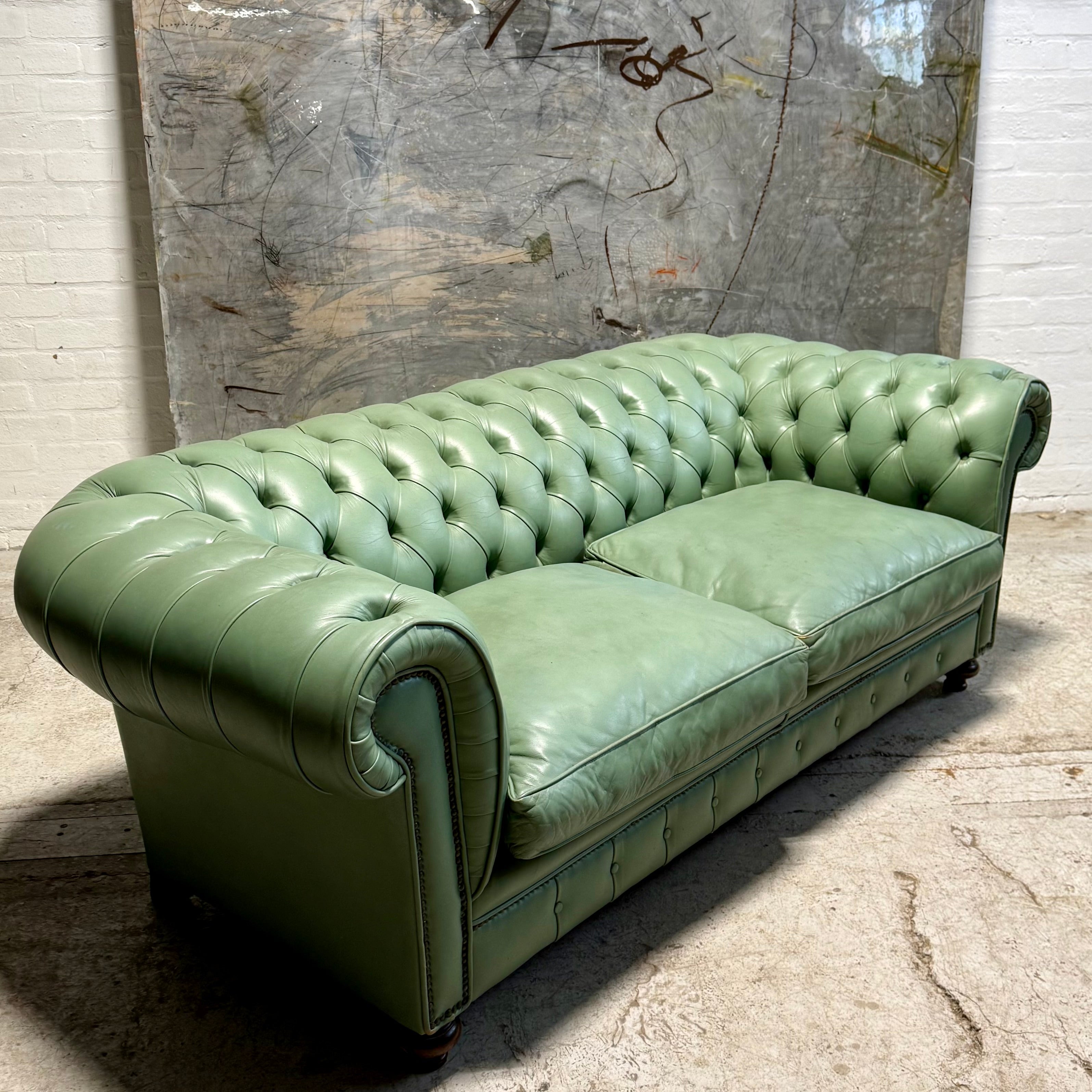 Restored 19thC Antique Leather Chesterfield Sofa in Pistachio Green
