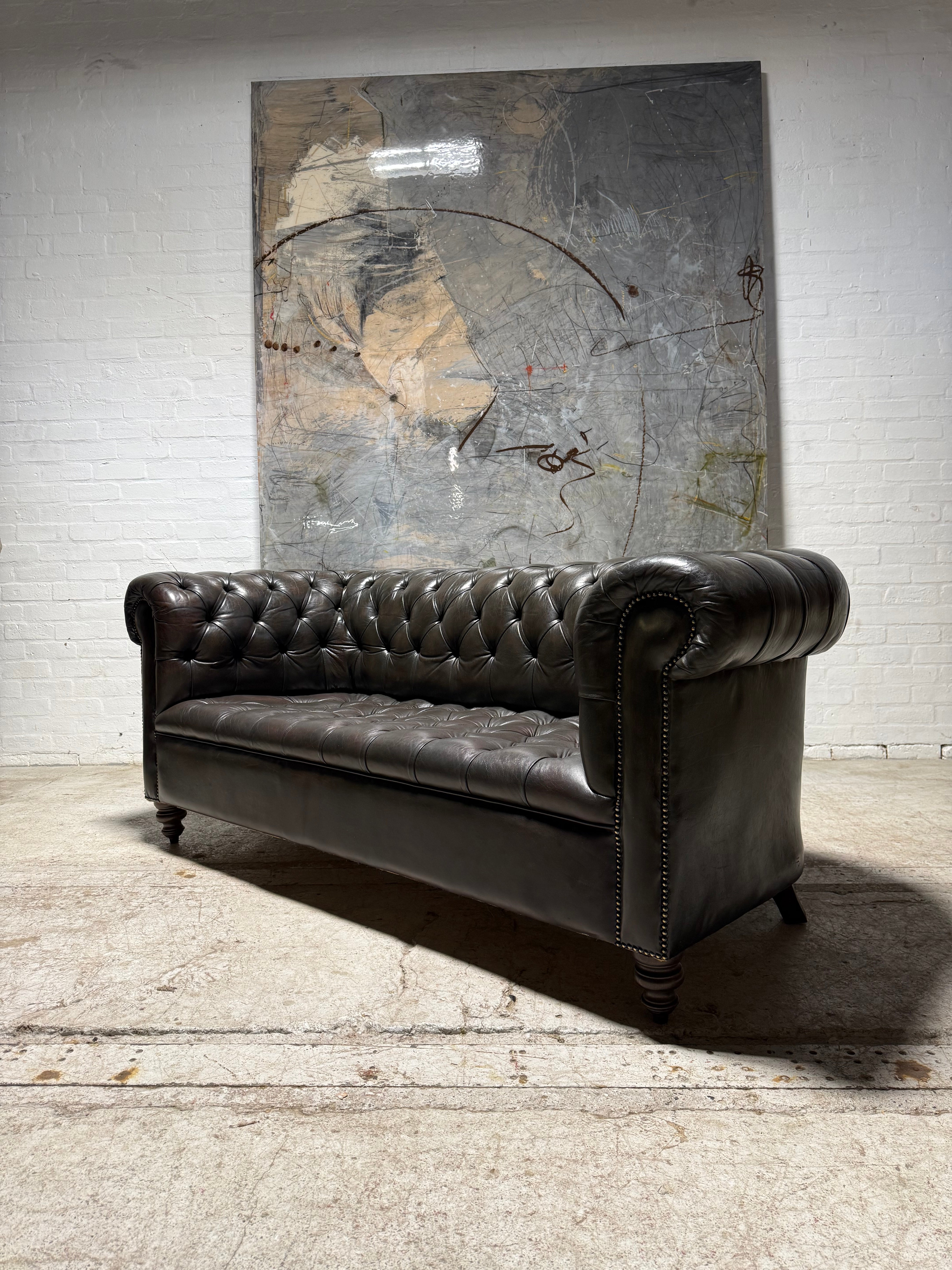 Very Good MidC 3 Seater Leather Chesterfield Tufted Couch in hand Dyed Bitter Chocolate