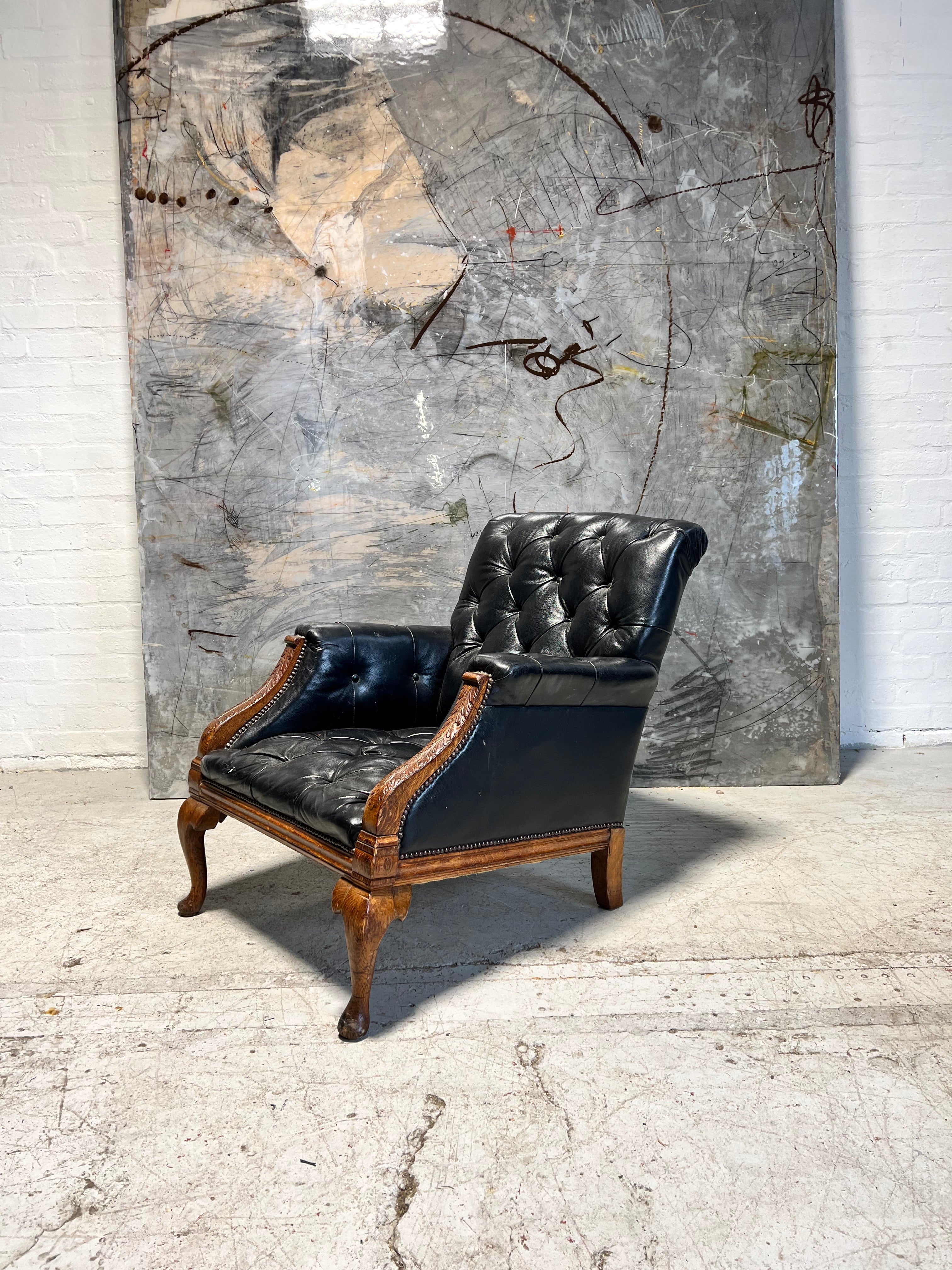 One of a Pair - Very Good Early 20thC circa 1910 Gentleman’s Armchairs in Black Leather