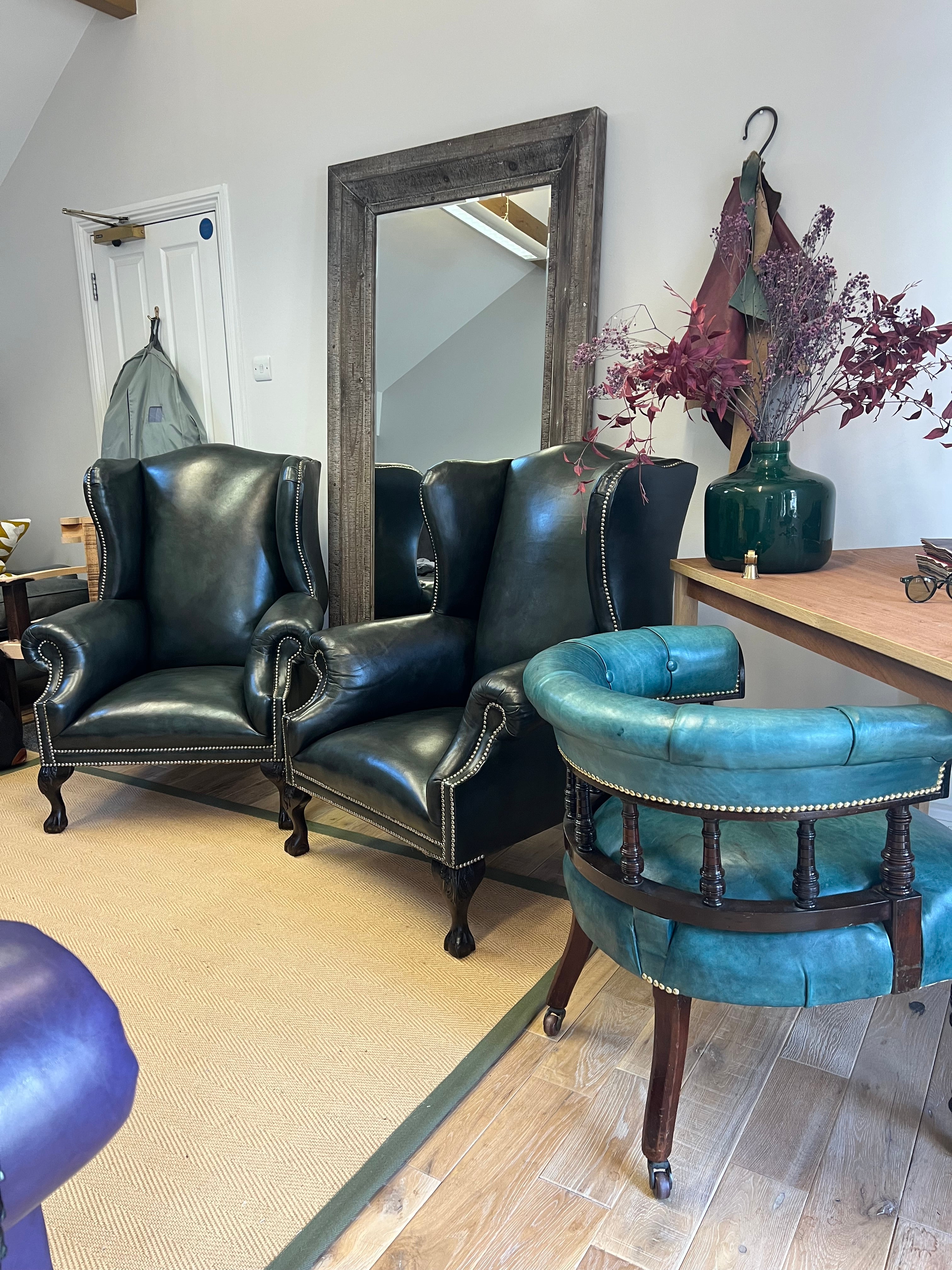 Matching Pair of our Disraeli Gentleman’s Wing Back Chairs on Hand Dyed Leathers