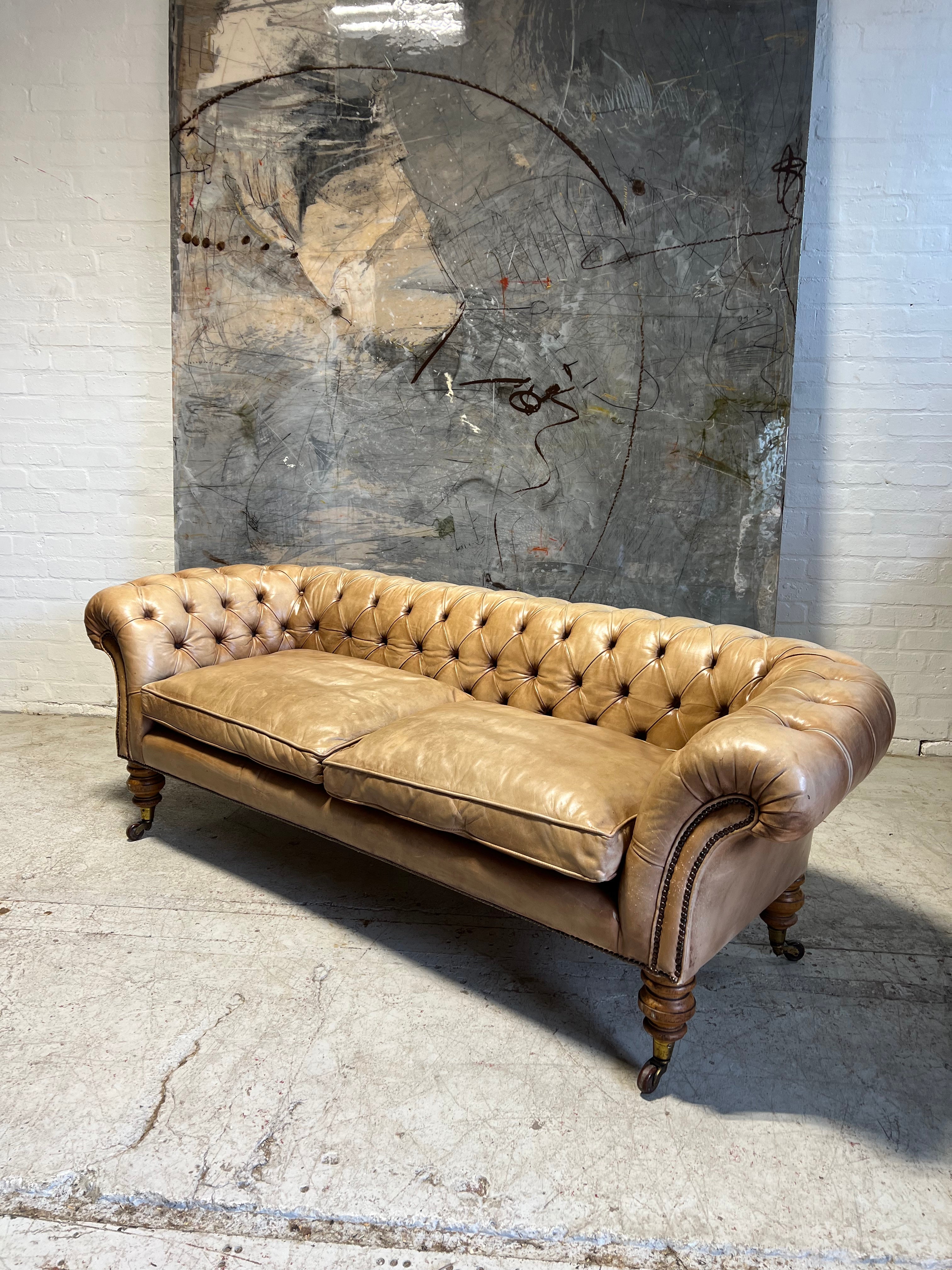 Very Beautiful 19thC Leather Chesterfield Sofa in Hand Dyed Parchment