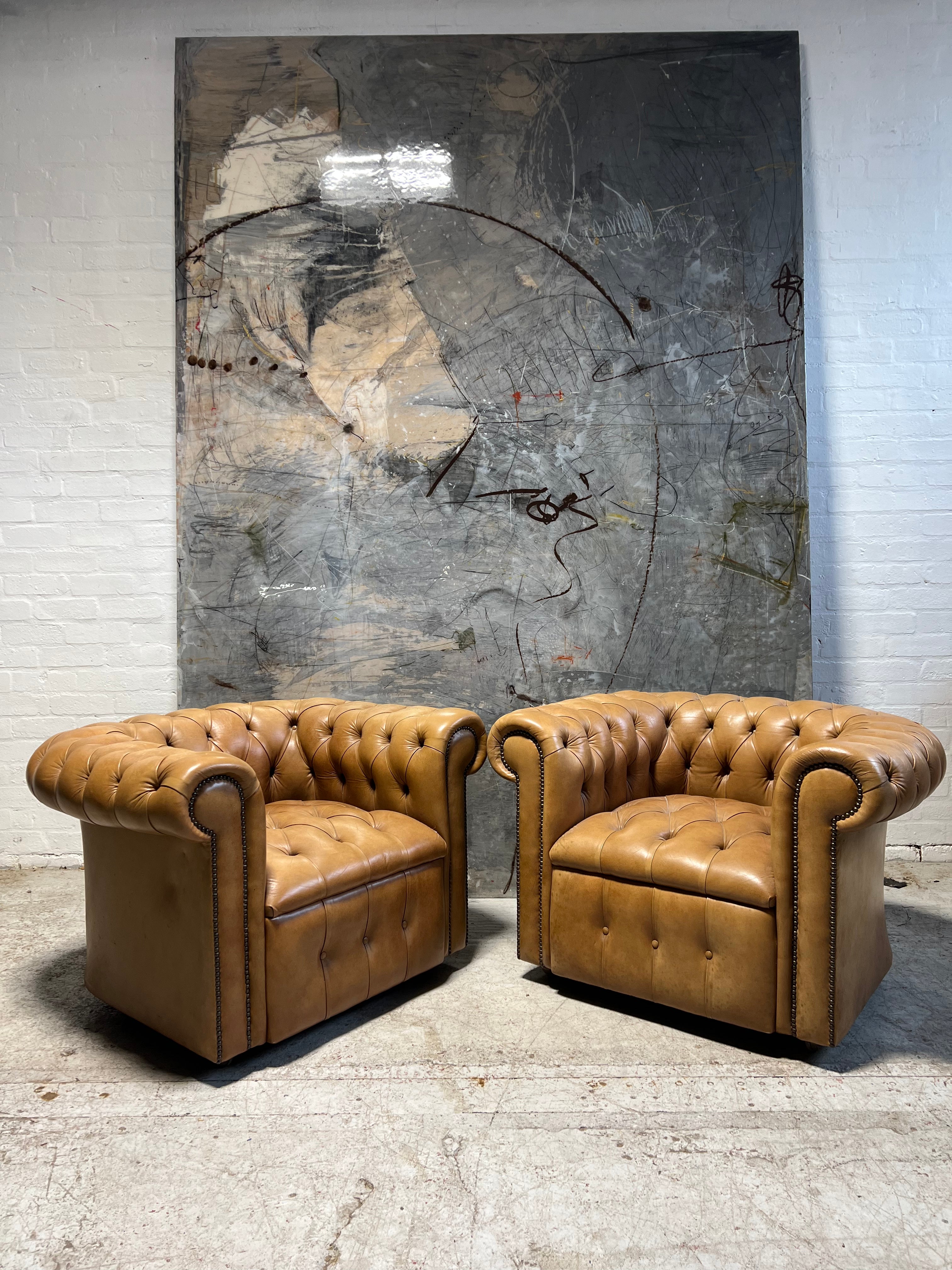 A Super Pair of Vintage Tan Leather Chesterfield Club Chairs