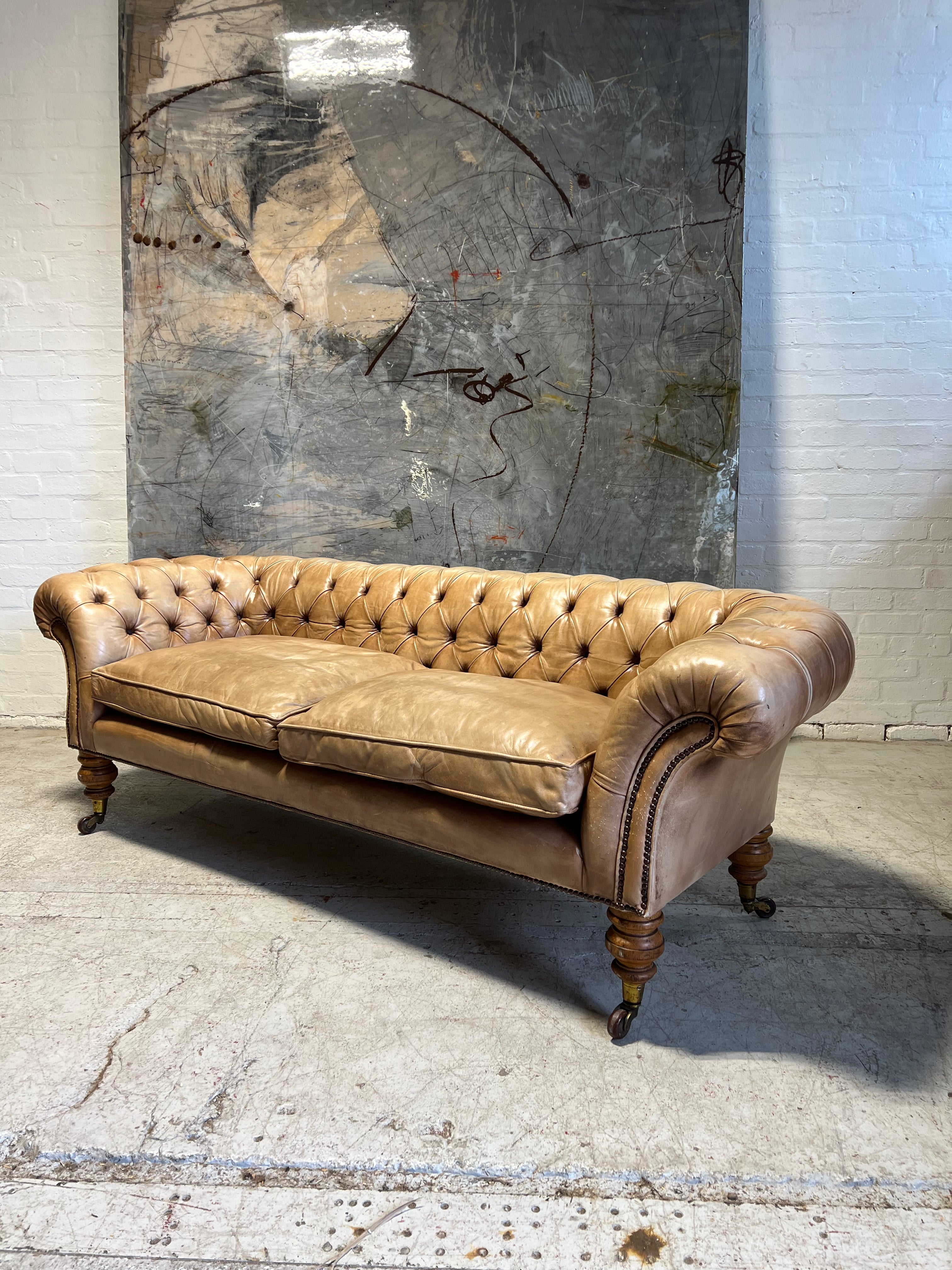 Very Beautiful 19thC Leather Chesterfield Sofa in Hand Dyed Parchment