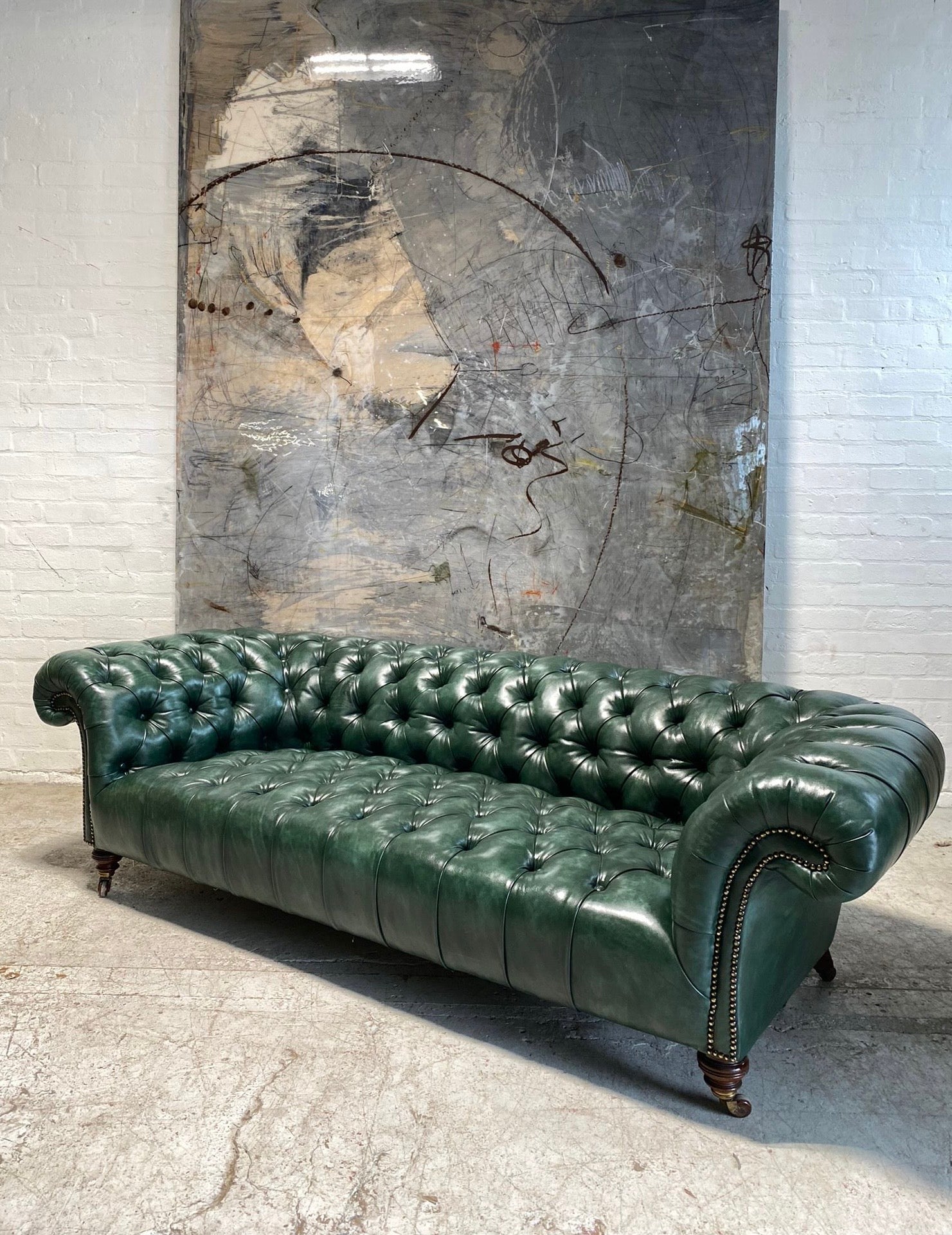 Antique Leather Howard & Son's Chesterfield Sofa - Hand Dyed in our Wimbledon Green